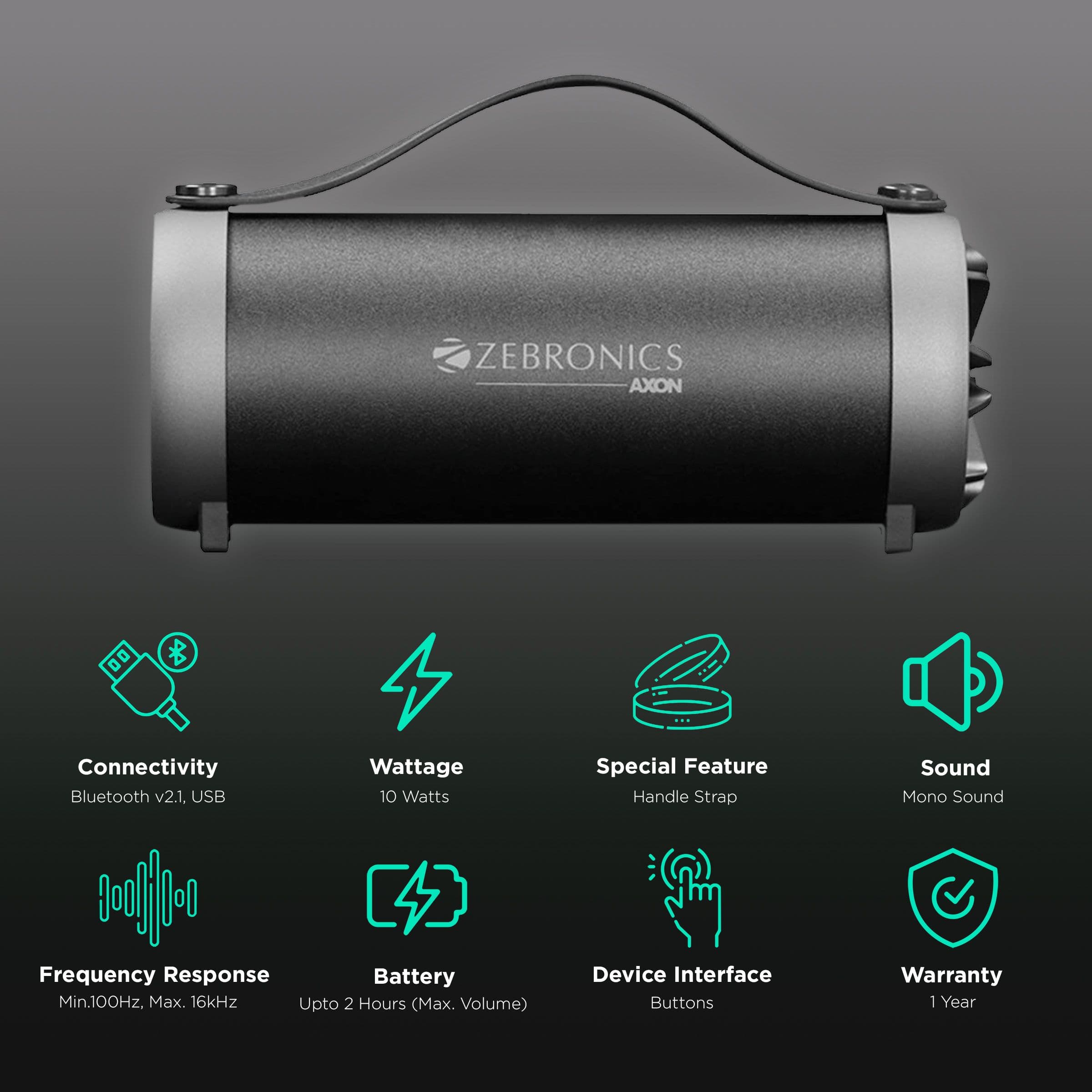 ZEBRONICS Zeb-Axon 10W Portable Bluetooth Speaker (2 Hours Playtime, Black)