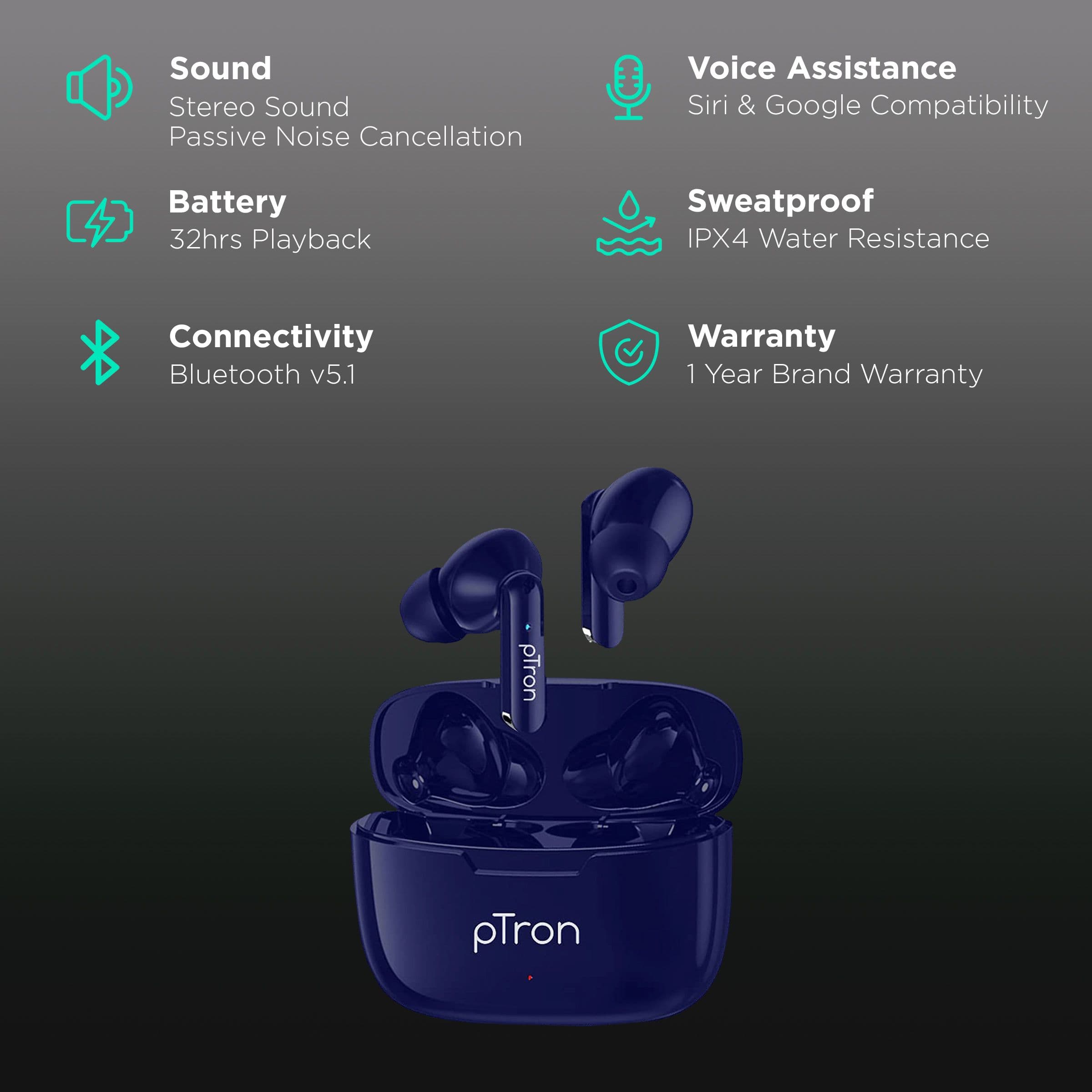 pTron Bassbuds Duo 140318093 In-Ear Truly Wireless Earbuds with Mic (Bluetooth 5.1, Smart Touch Control, Blue)