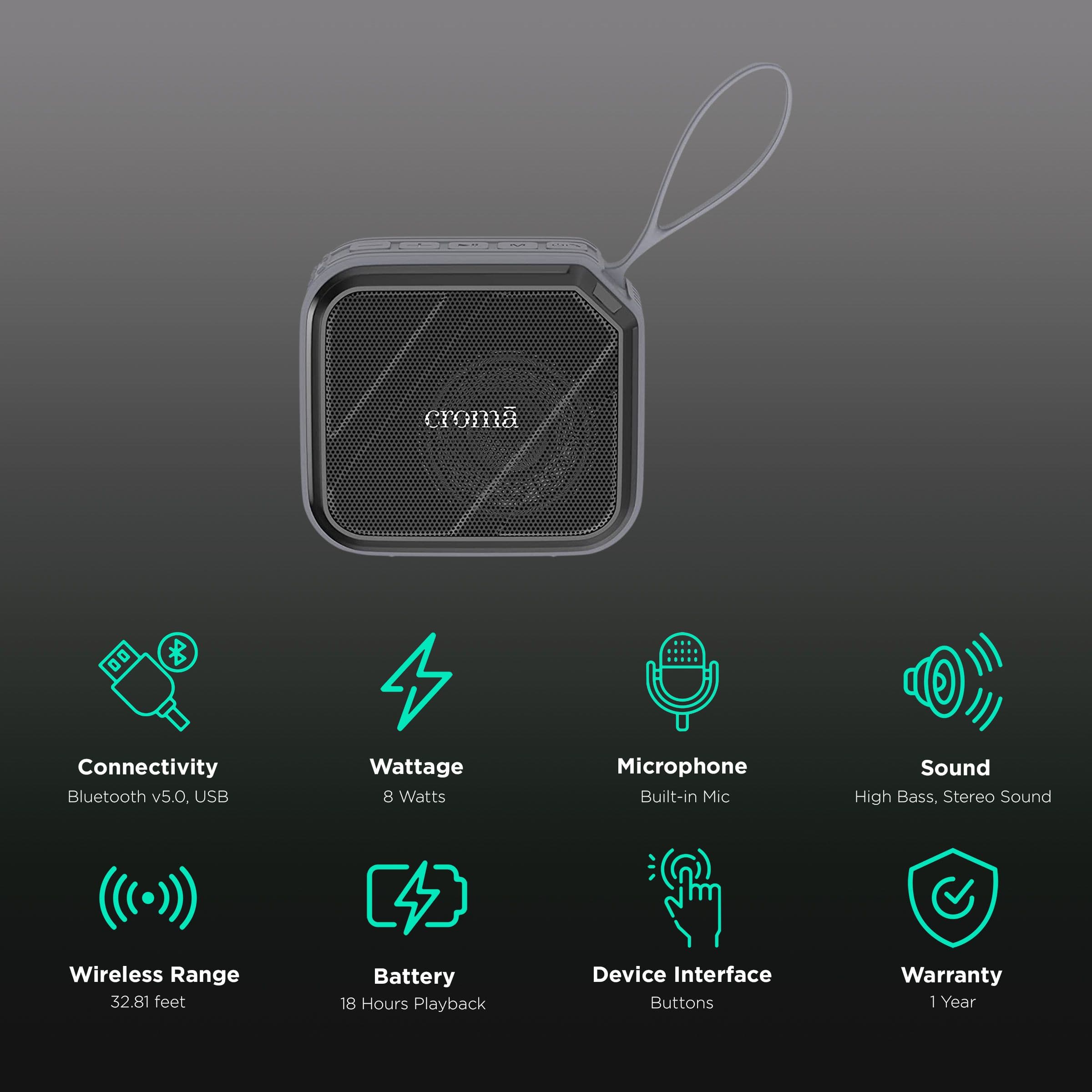 Croma Portable Bluetooth 8 Watts Speaker (Bluetooth 5.0, CREMP2102sBTSP, Black)