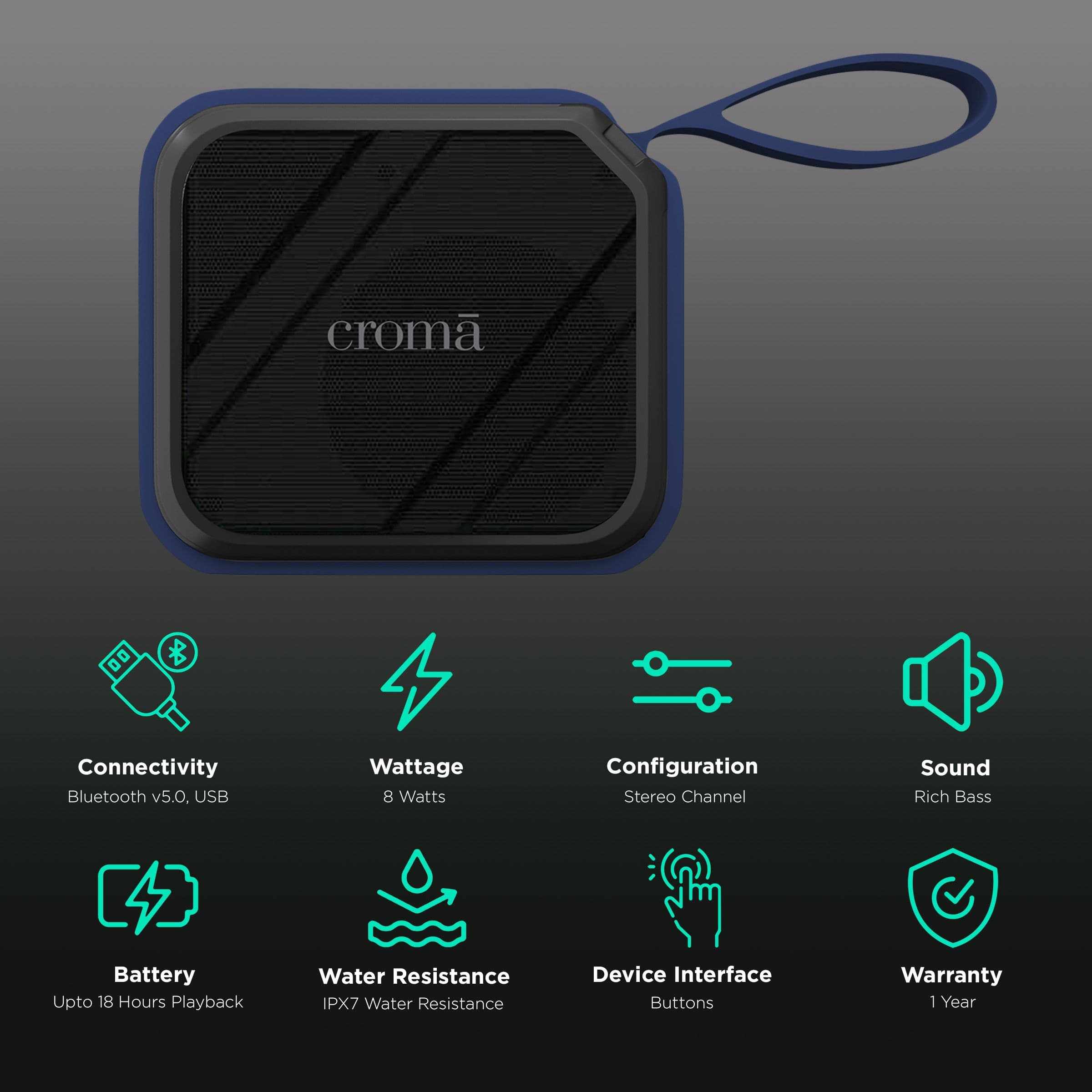 Croma 8 Watts Portable Bluetooth Speaker (IPX7, CREMP2102sBTSP, Blue)