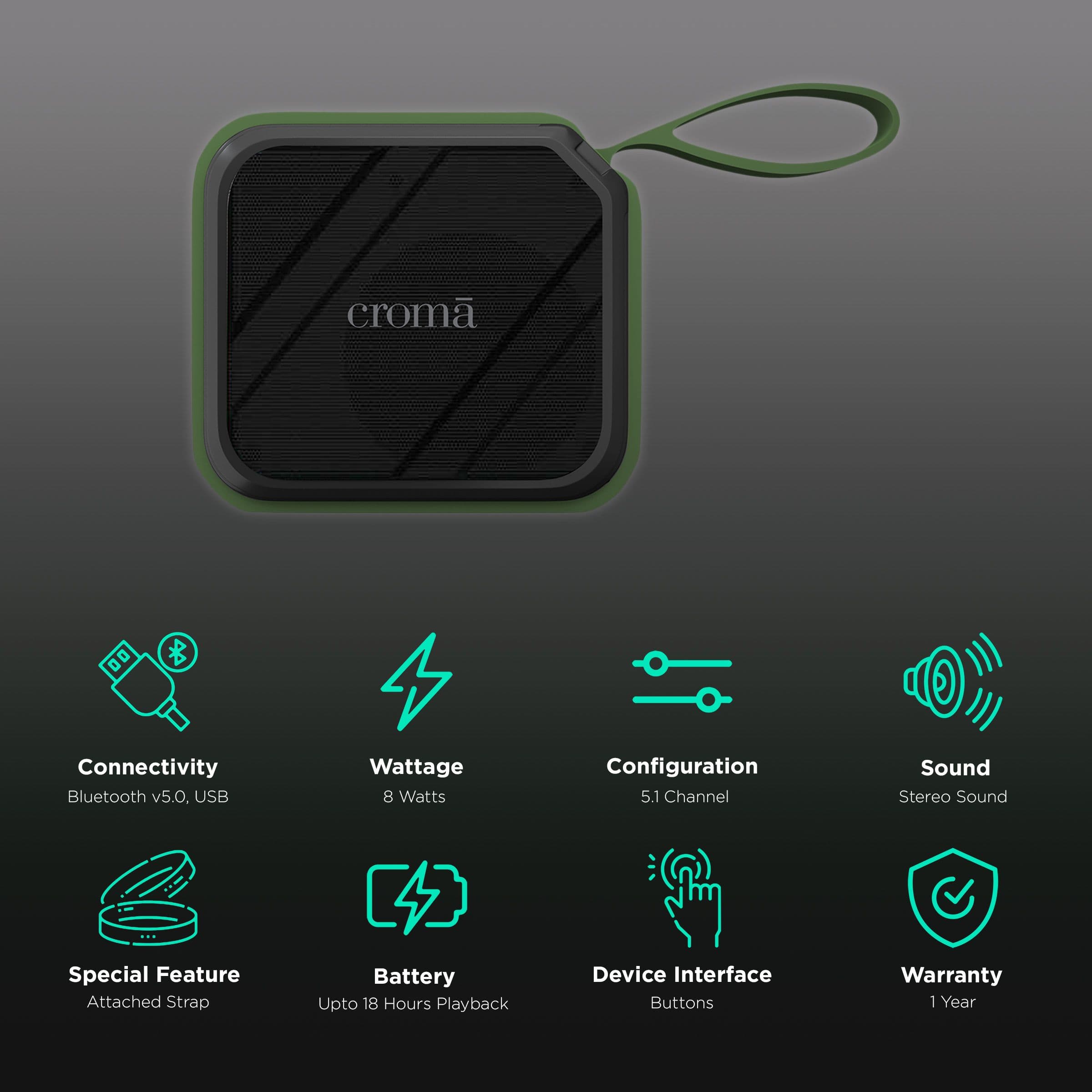 Croma 8 Watts Portable Bluetooth Speaker (IPX7, CREMP2102sBTSP, Green)