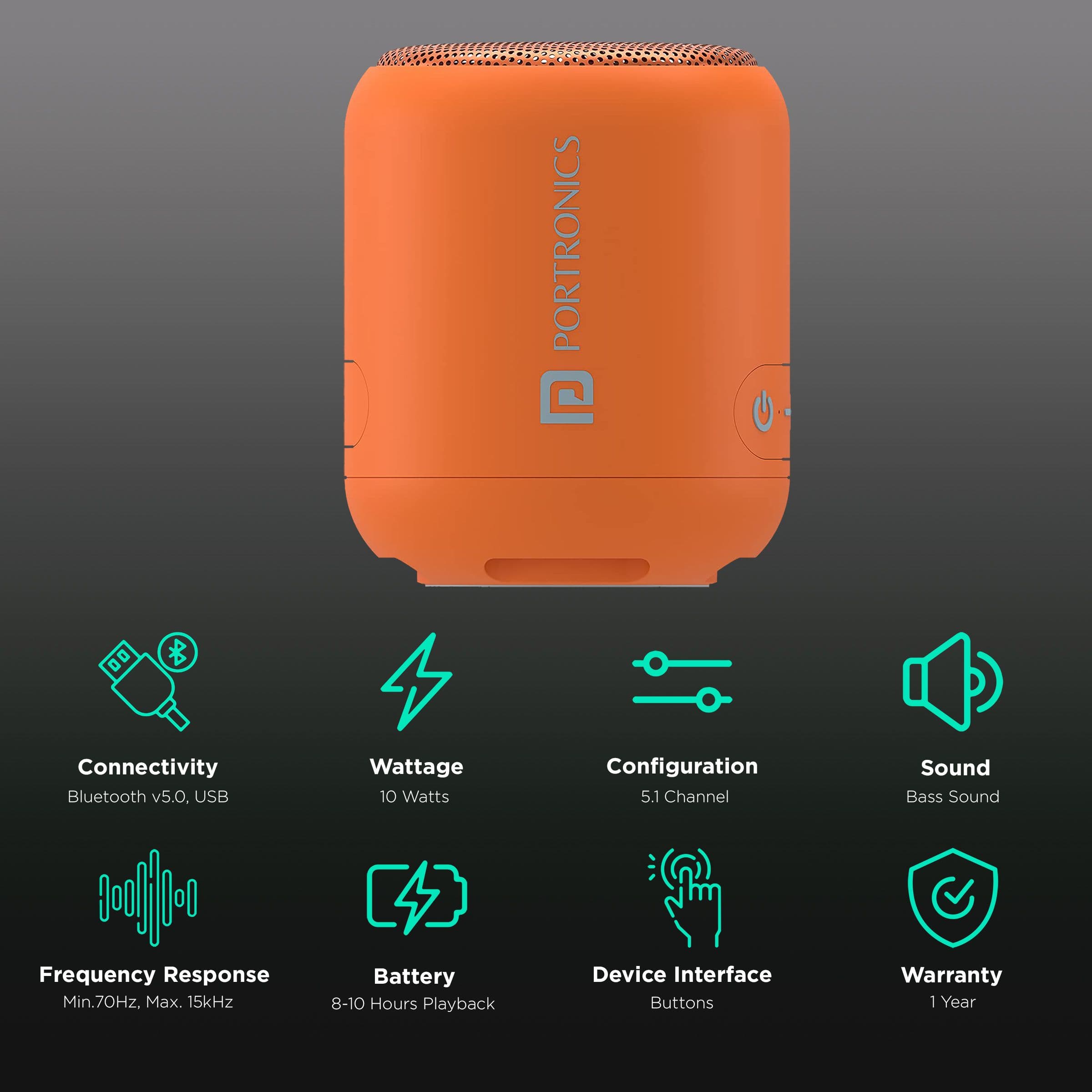 Portronics Sound Drum 1 10W Portable Bluetooth Speaker (10 Hours Playtime, 5.1 Channel, Orange)