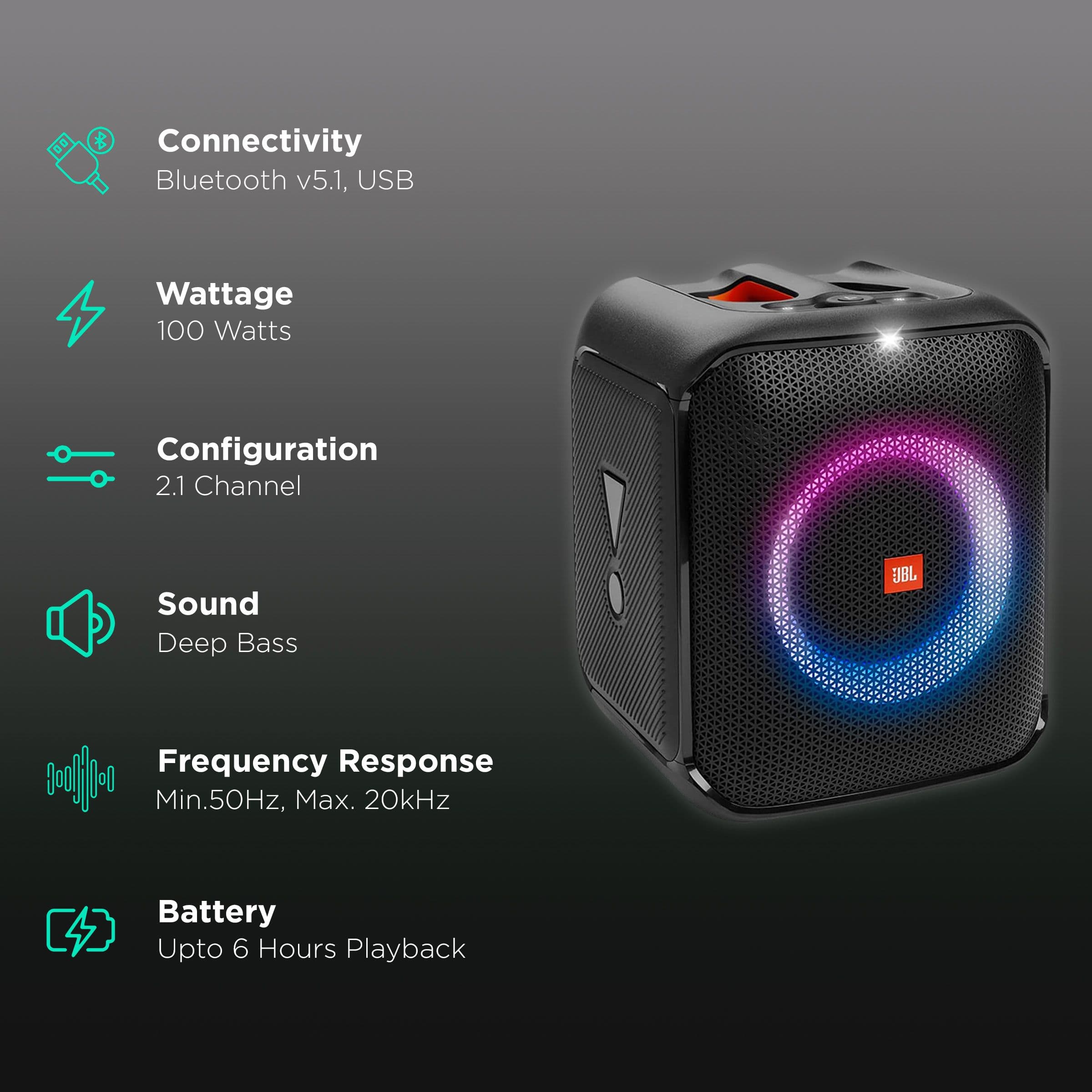 JBL PartyBox Hi-Fi 100 Watts RMS Party Speaker (Splash-proof Protection, Encore Essential, Black)