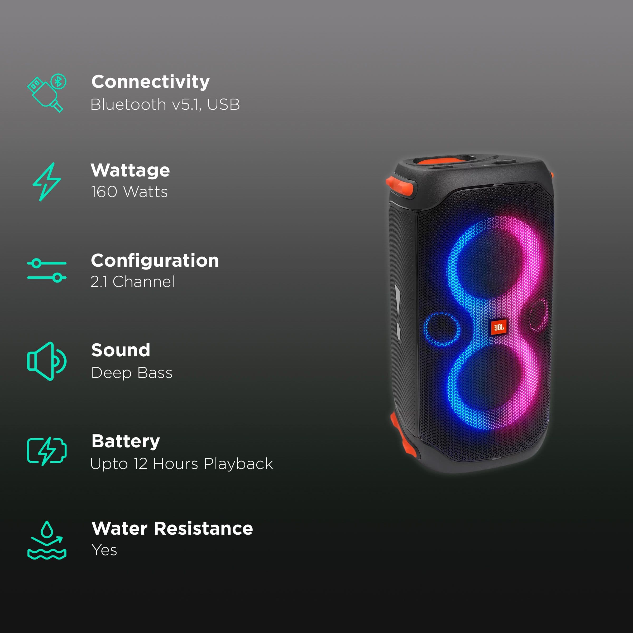 JBL PartyBox Hi-Fi 160 Watts RMS Party Speaker (Dynamic Light Show, 110, Black)