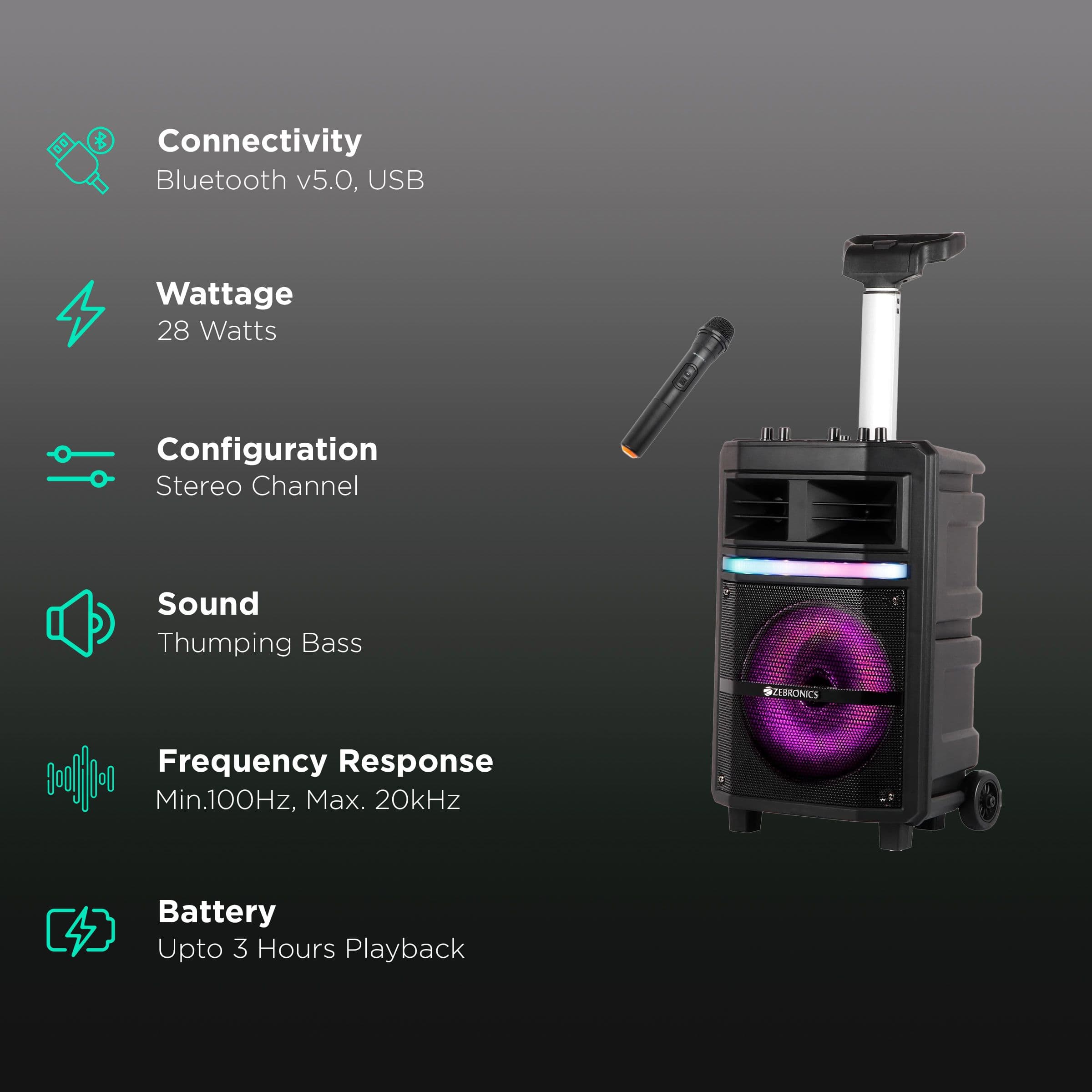 ZEBRONICS 28 Watts Portable Party Speaker (Multimedia Connectivity, Zeb-Thump 200, Black)