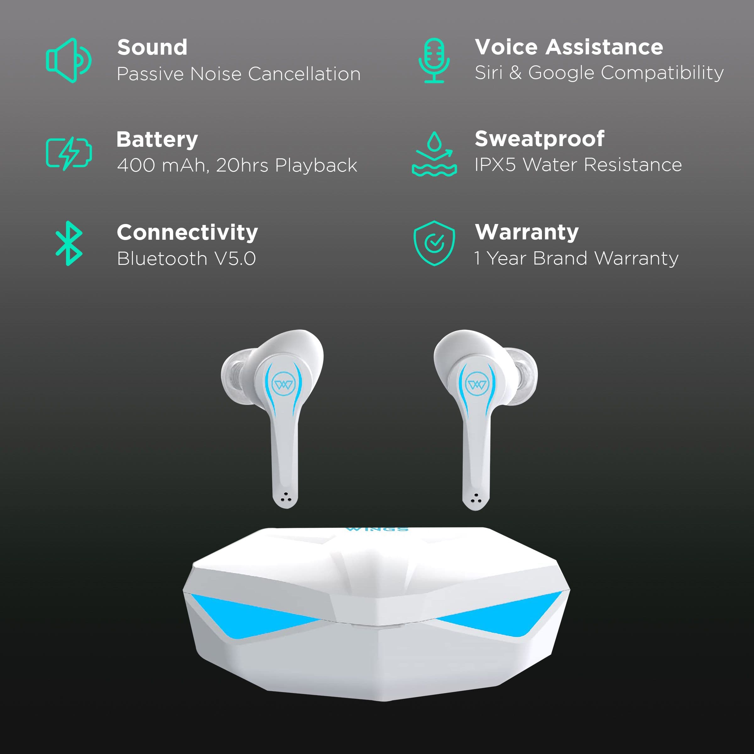 Wings Phantom In-Ear Truly Wireless Earbuds with Mic (50ms Low Latency Gaming Mode, White)