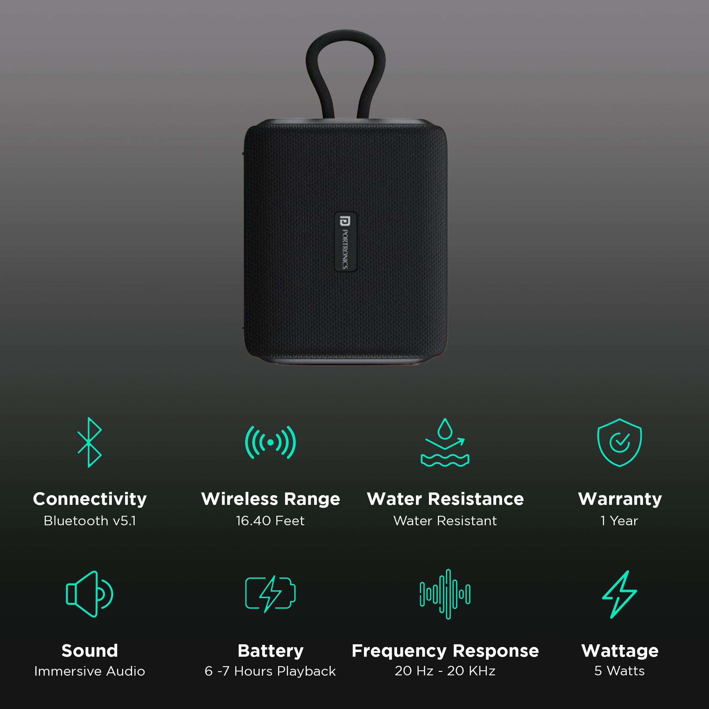 PORTRONICS Buzz 5 Watts Portable Bluetooth Speaker (True Wireless Stereo Function, POR-1430, Black)