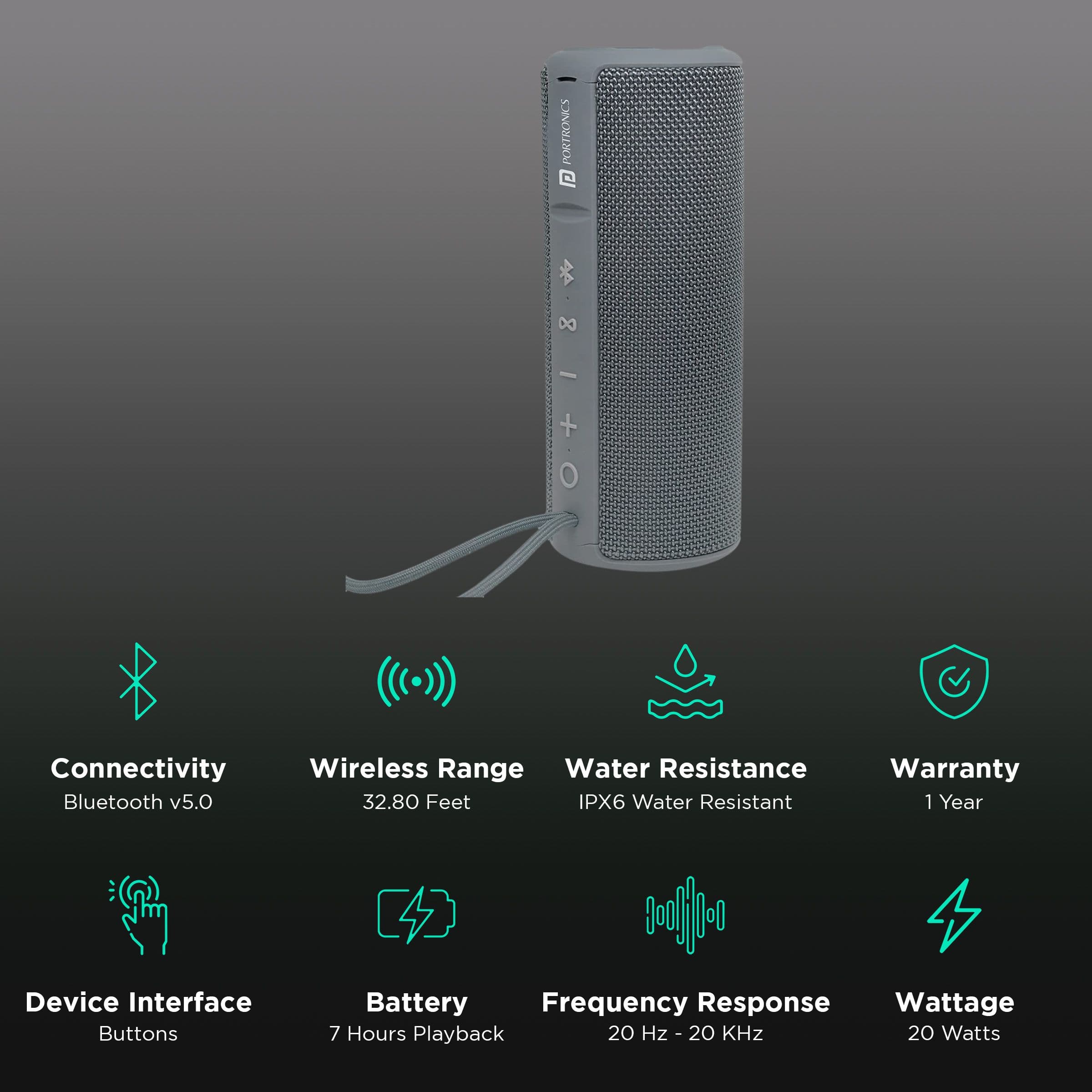 Portronics Breeze Plus 20 Watts Portable Bluetooth Speaker (IPX6 Water Resistant, POR-545, Grey)