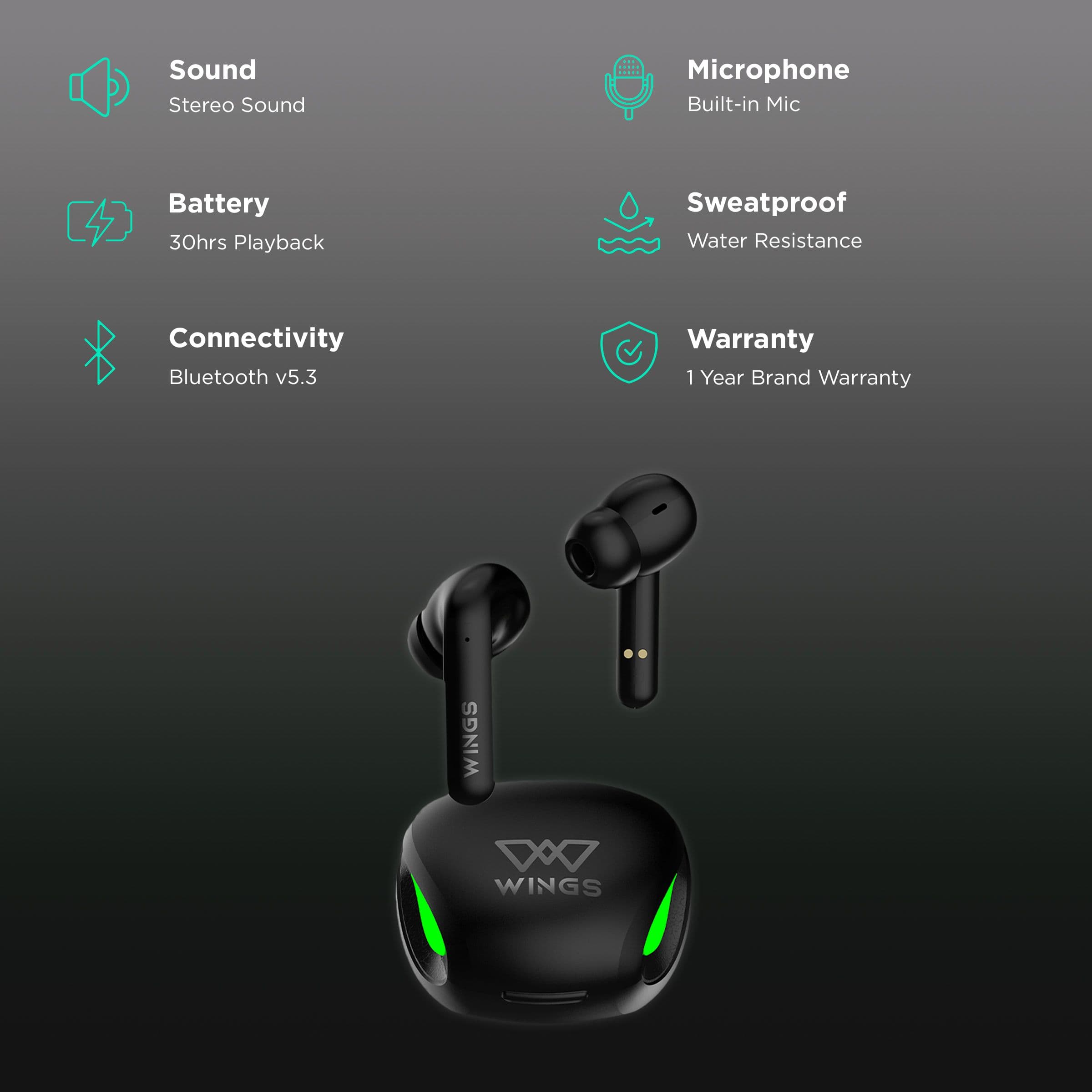 Wings Phantom 700 TWS Earbuds with Surrounding Noise Suppression (Water Resistant, 40ms Low Latency Mode, Black)