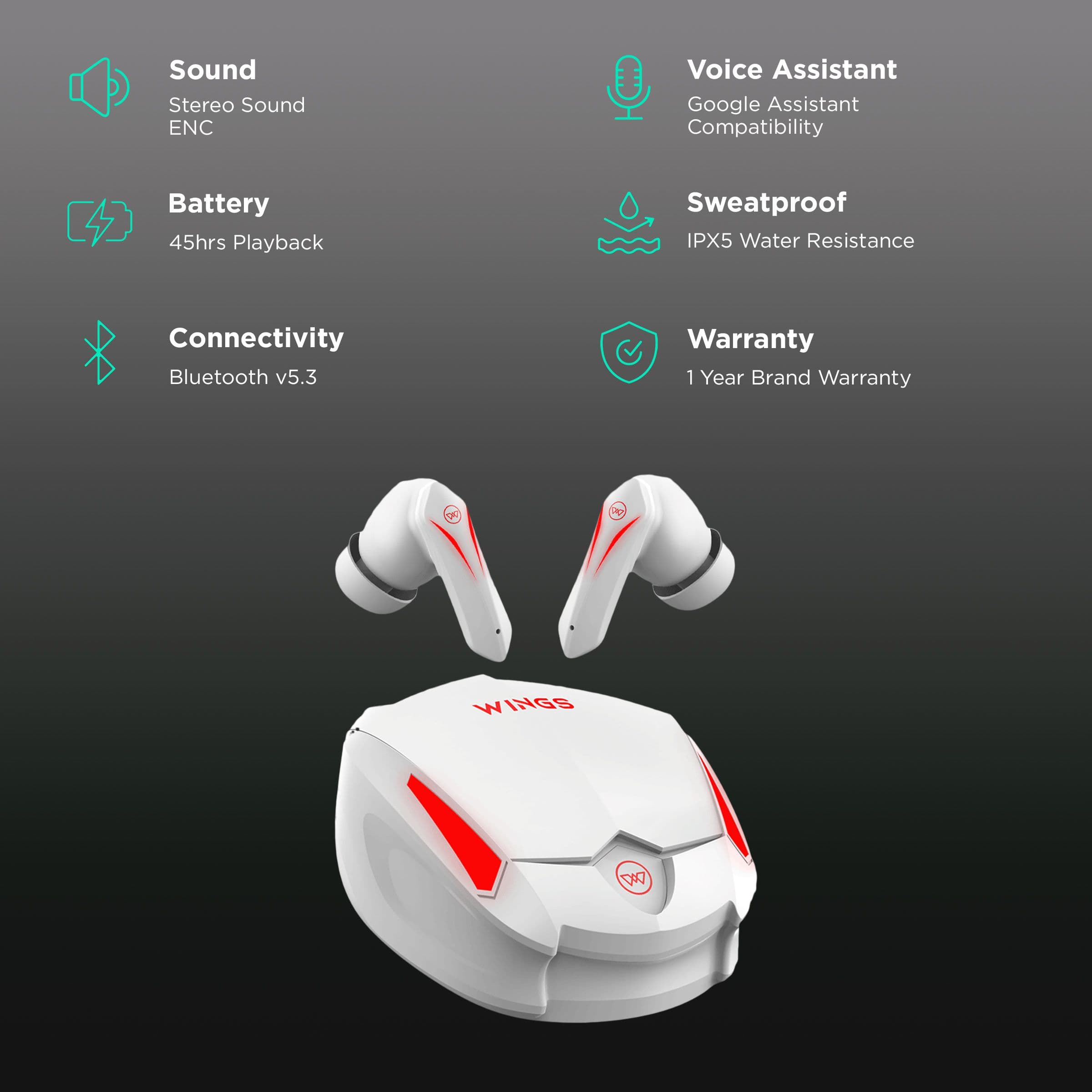 Wings Phantom 550 TWS Earbuds with Environmental Noise Cancellation (IPX5 Water Resistant, Upto 45 Hours Playback, White)