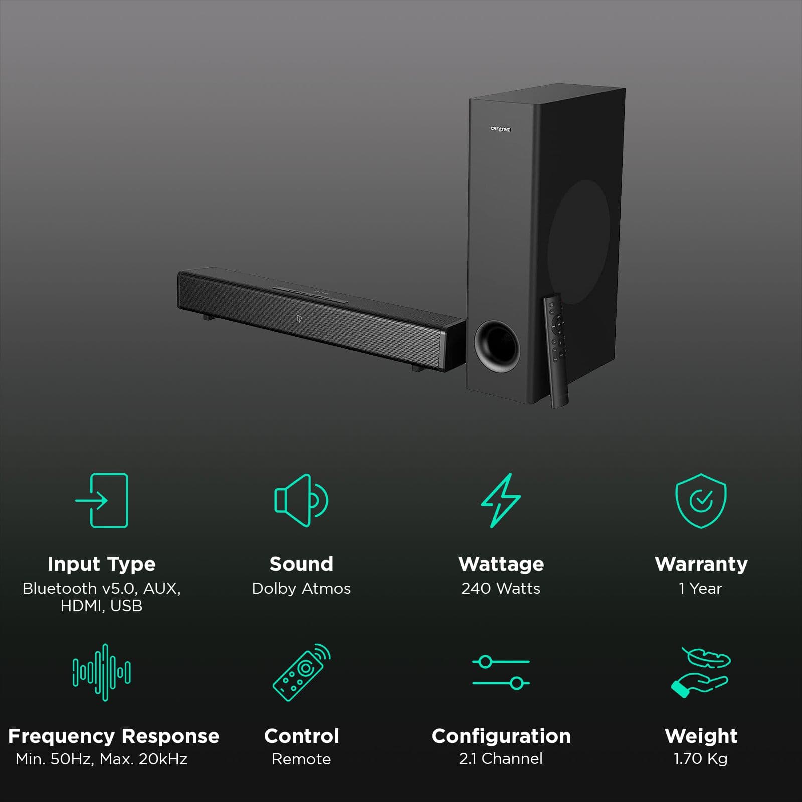 Creative Stage 360 240W Bluetooth Soundbar with Remote (Dolby Atmos, 2.1 Channel, Black)
