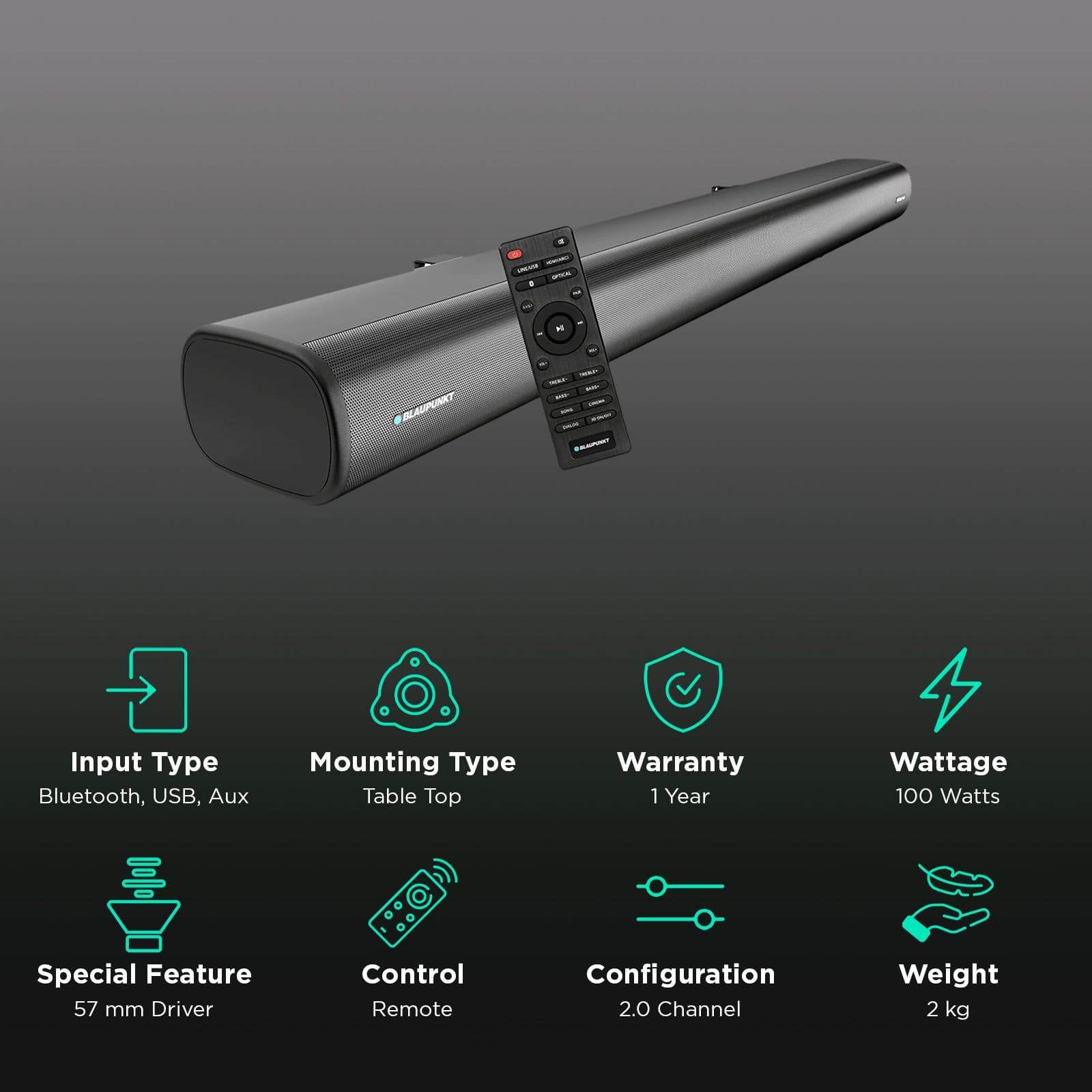 BLAUPUNKT SBA01 Krisp 100W Bluetooth Soundbar with Remote (Dolby, Black)