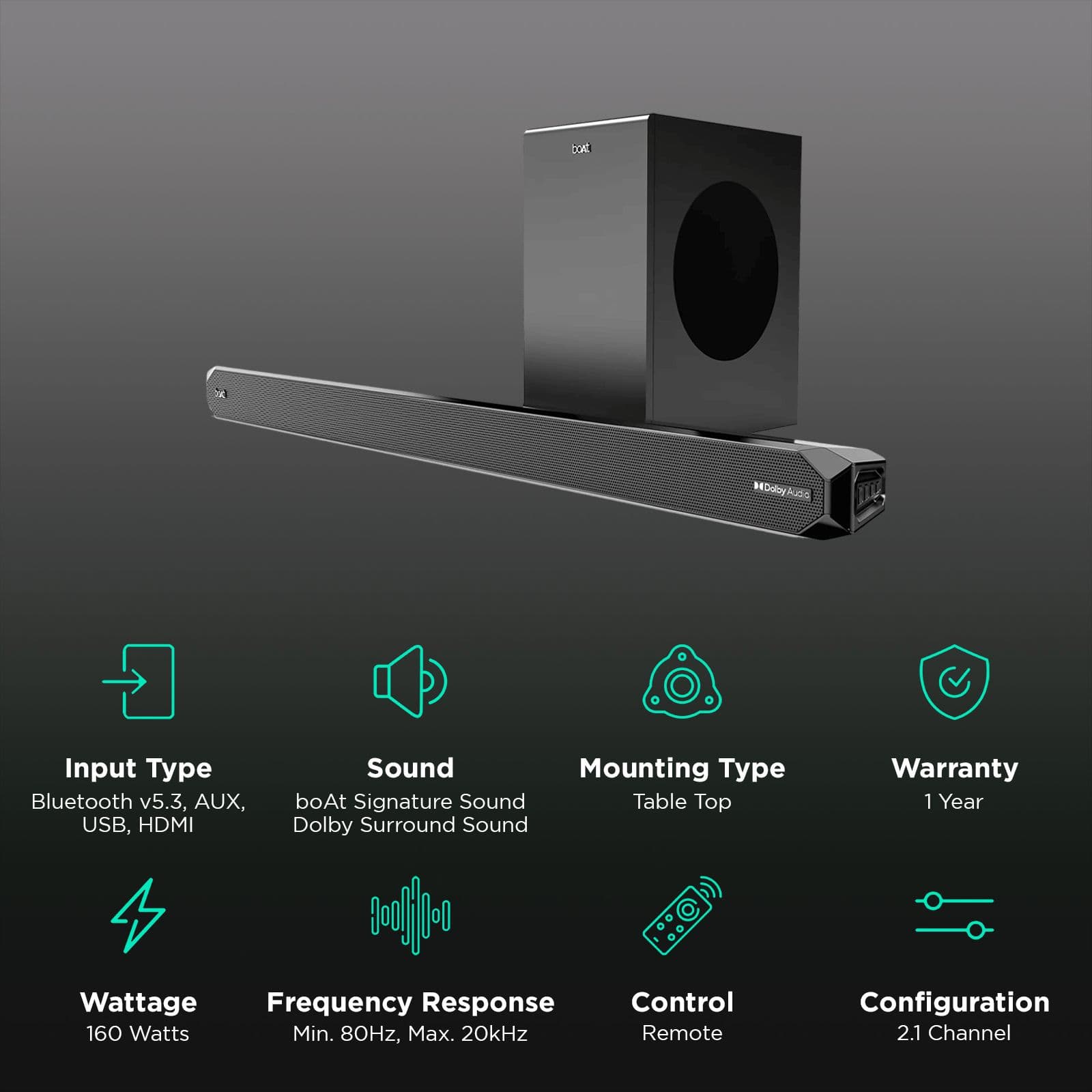 boAt Aavante Bar A2060 160W Bluetooth Soundbar with Remote (Dolby Audio, 2.1 Channel, Premium Black)