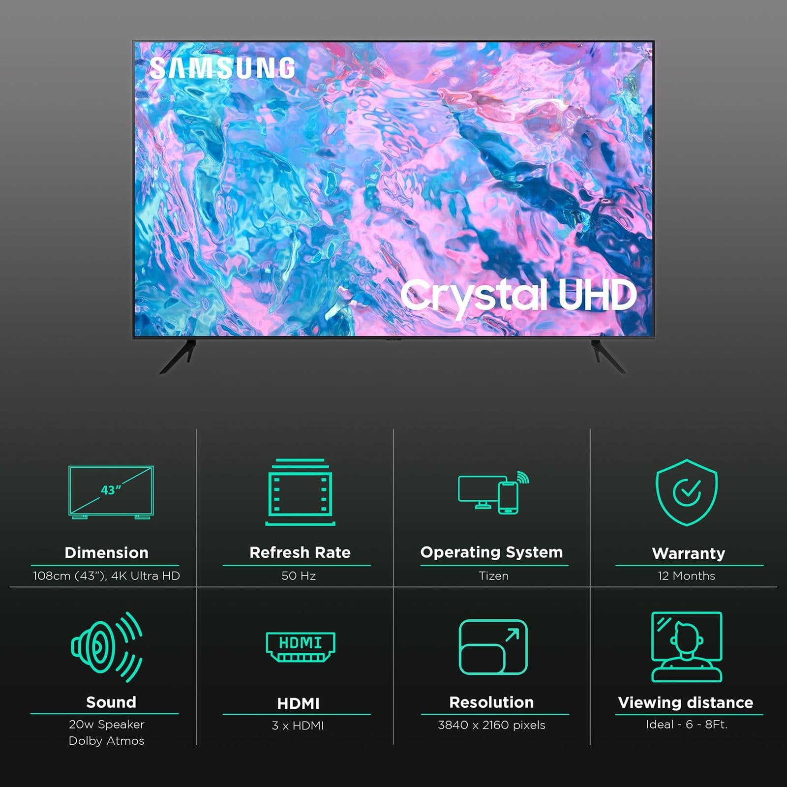 SAMSUNG Crystal 4K iSmart 108 cm (43 inch) 4K Ultra HD LED Tizen TV with Crystal Processor 4K