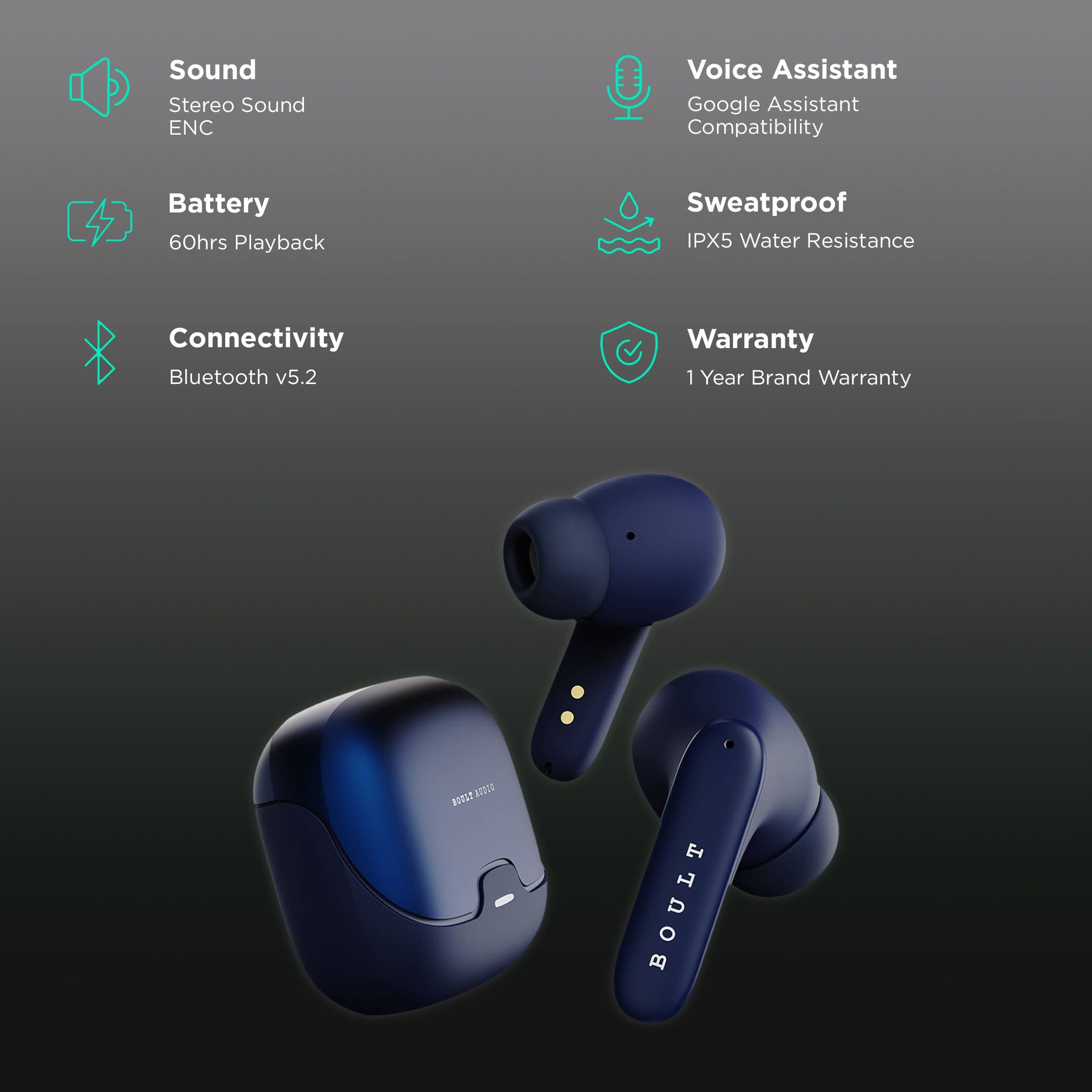 Boult Audio AirBass Z40 TWS Earbuds with Environmental Noise Cancellation (IPX5 Water Resistant, Voice Assistant, Blue)