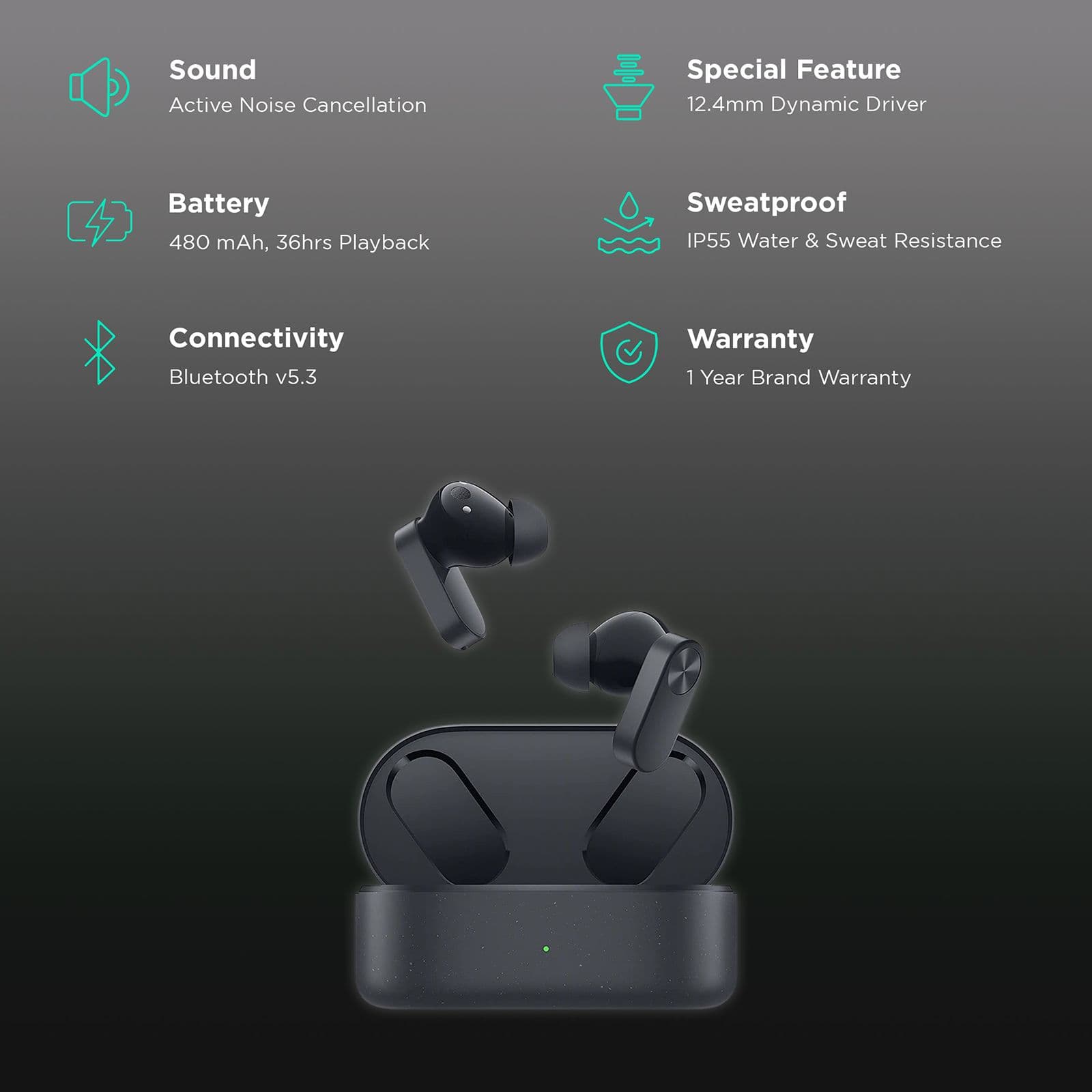 OnePlus Nord Buds 2 TWS Earbuds with Active Noise Cancellation (IP55 Water Resistant, Upto 36 Hours Playtime, Thunder Gray)