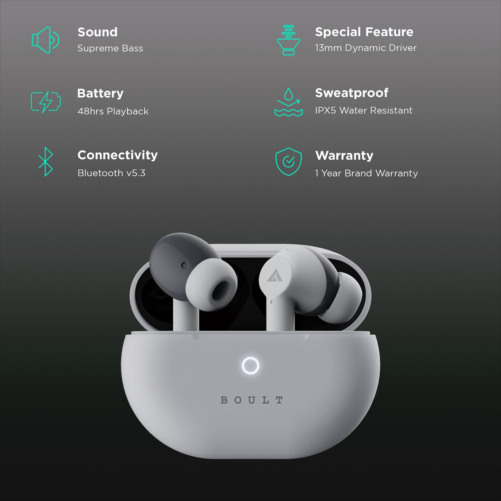BOULT AUDIO Airbass W40 TWS Earbuds with Environmental Noise Cancellation (IPX5 Water Resistant, Fast Charging, Ivory White)