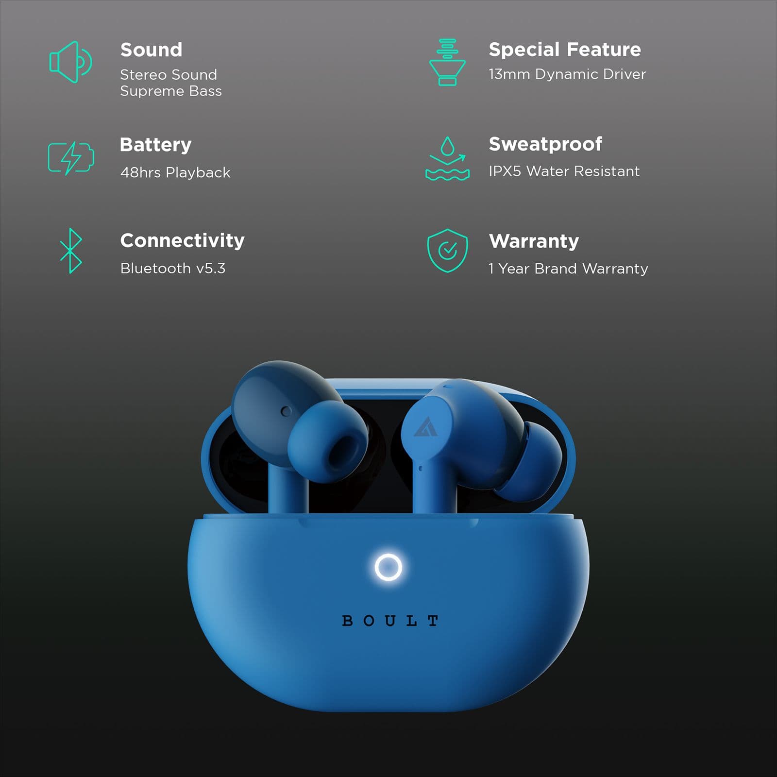 BOULT AUDIO Airbass W40 TWS Earbuds with Environmental Noise Cancellation (IPX5 Water Resistant, Fast Charging, Denim Blue)