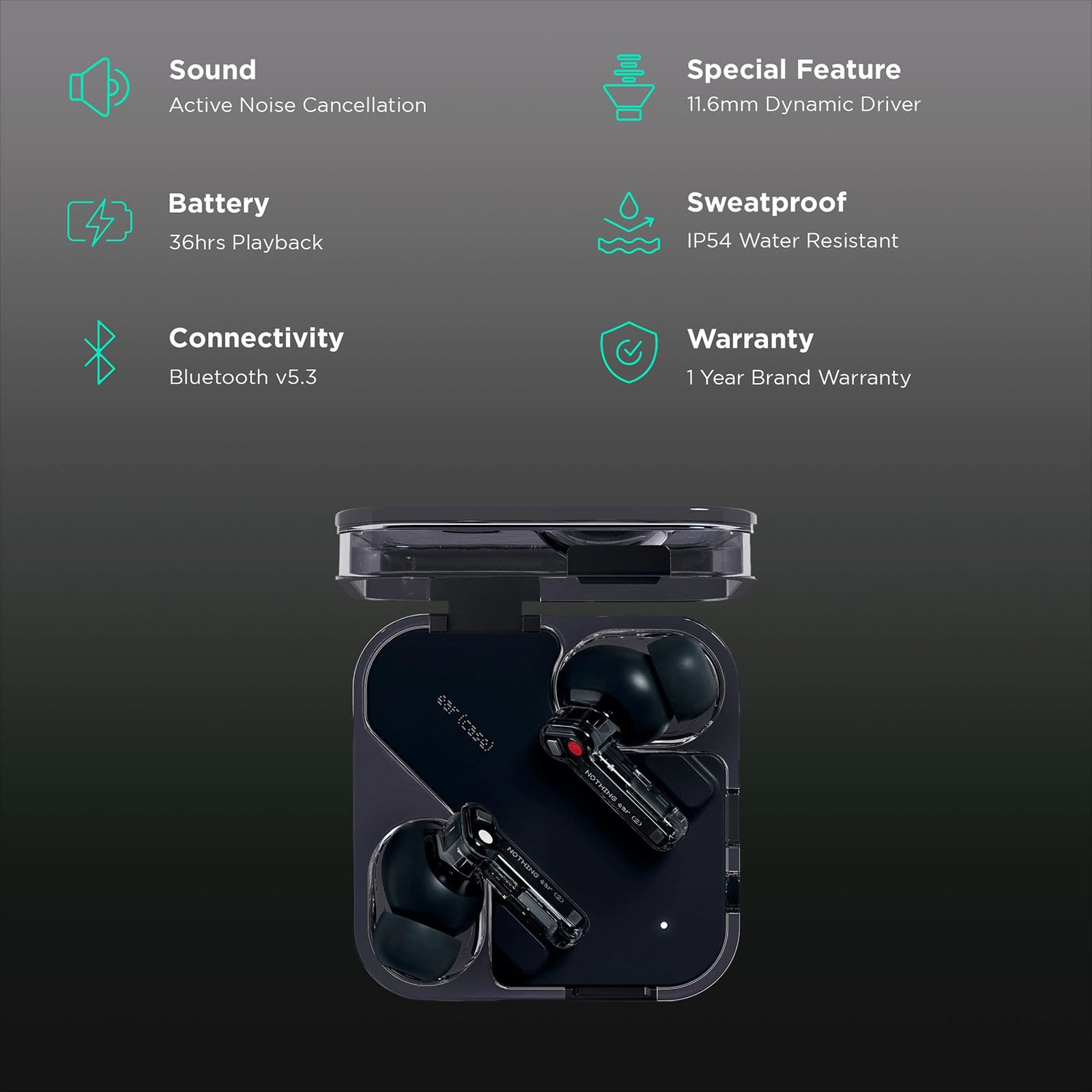 Nothing Ear 2 TWS Earbuds with Active Noise Cancellation (IP54 Water Resistant, Fast Charging, Black)