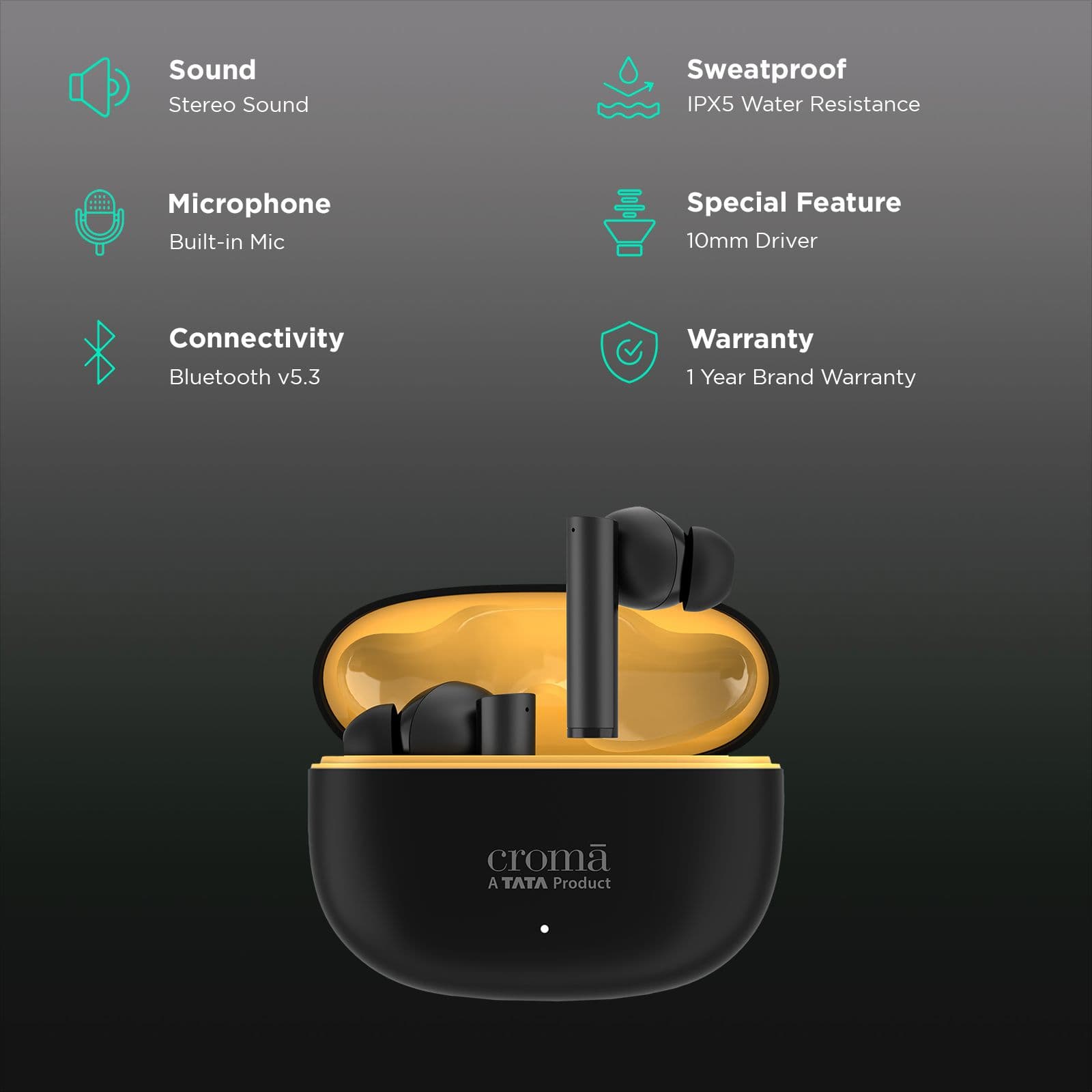 Croma IE 771 TWS Earbuds with Environmental Noise Cancellation (IPX5 Water Resistant, Dual Device Pairing, Black)