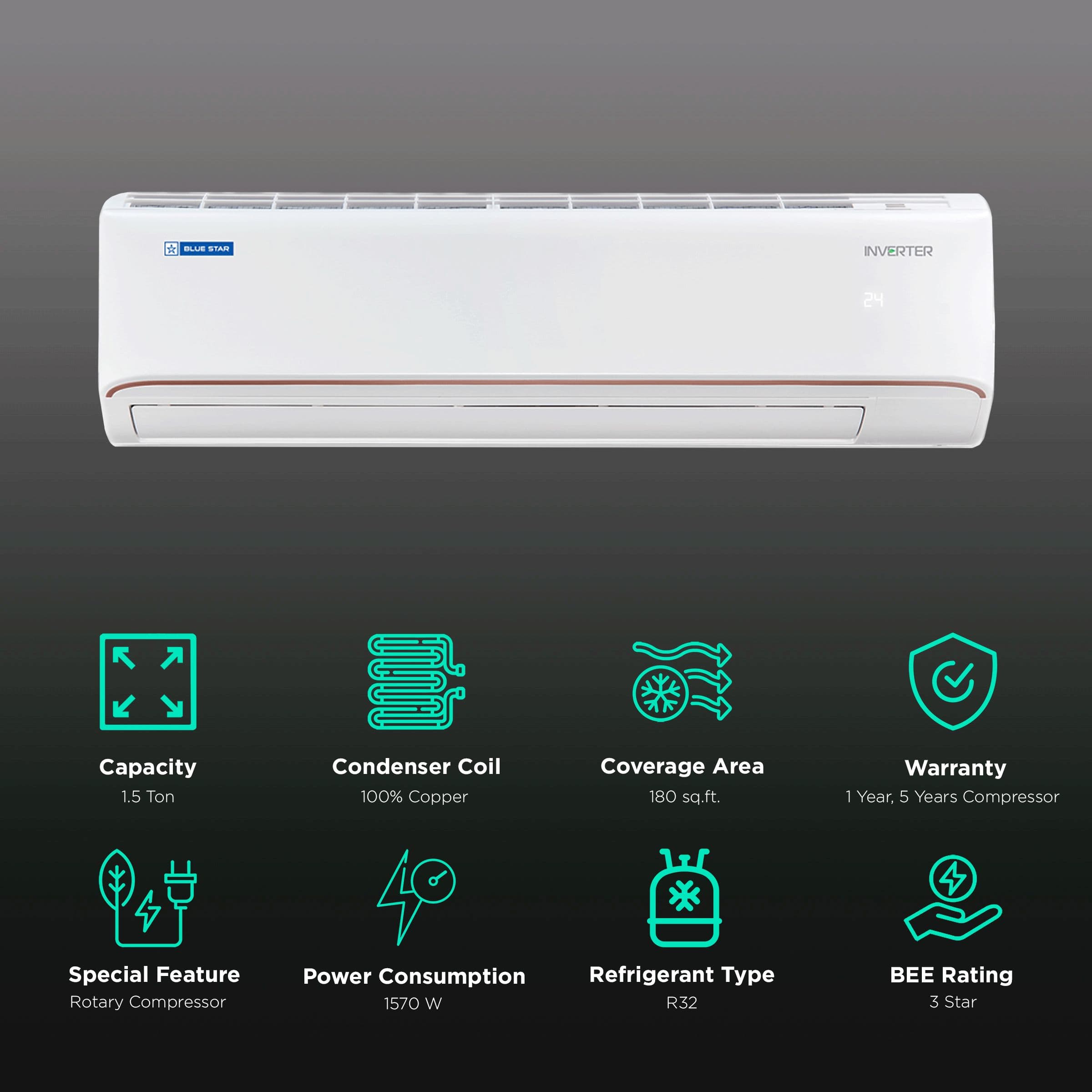 Blue Star FN 1.5 Ton 3 Star Inverter Split AC (Copper Condenser, IA318FNU, White)