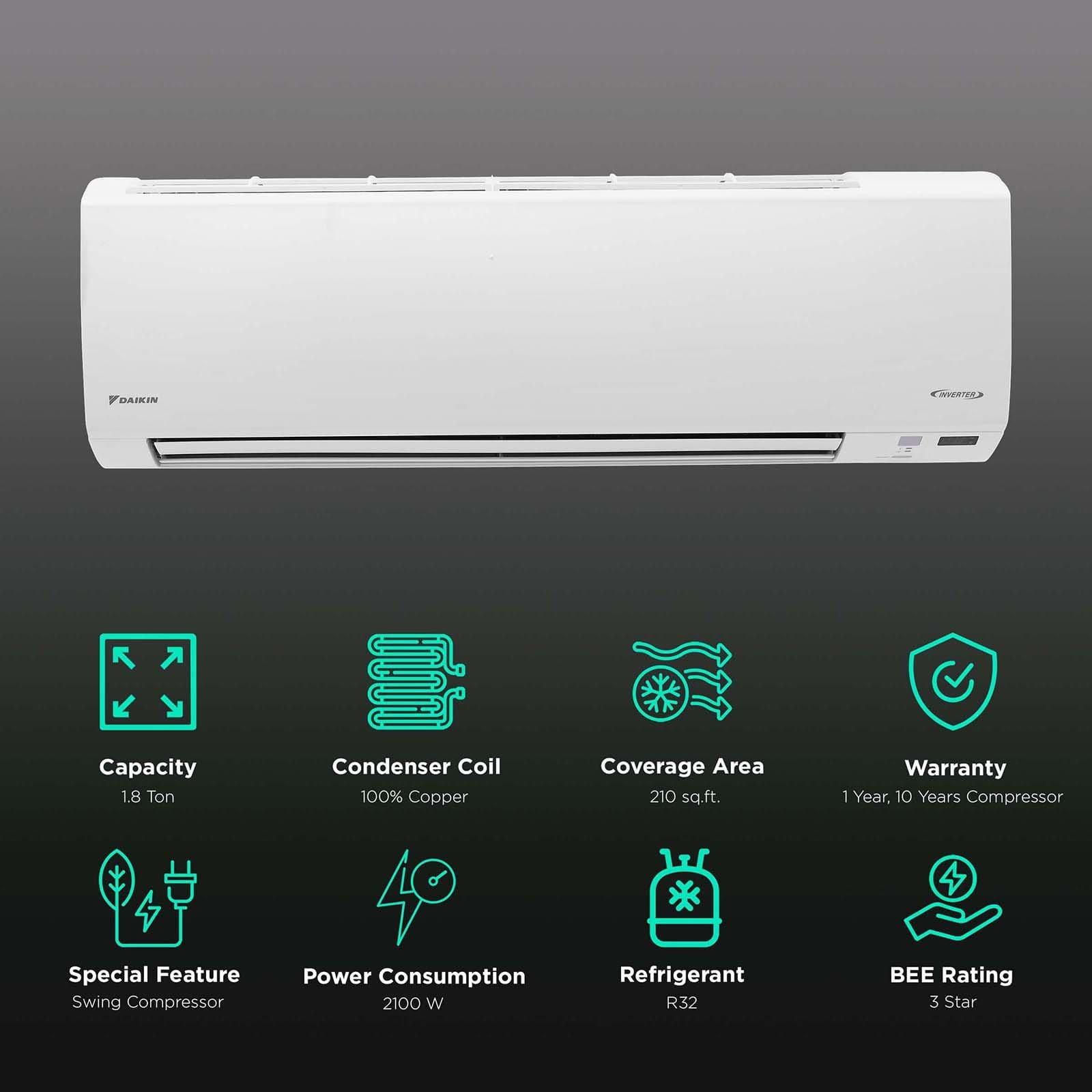 Daikin Standard Plus 1.8 Ton 3 Star Inverter Split AC (2022 Model, Copper Condenser, Air Purification Filter, ATKL60UV)