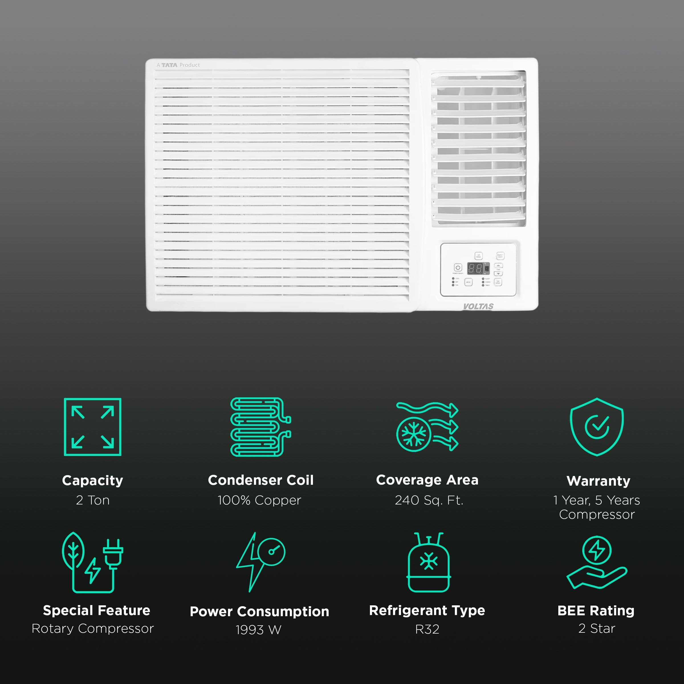 VOLTAS 2 Ton 2 Star Fixed Speed Window AC (2023 Model, Copper Condenser, Anti Dust Filter, 242 Vectra Plus)
