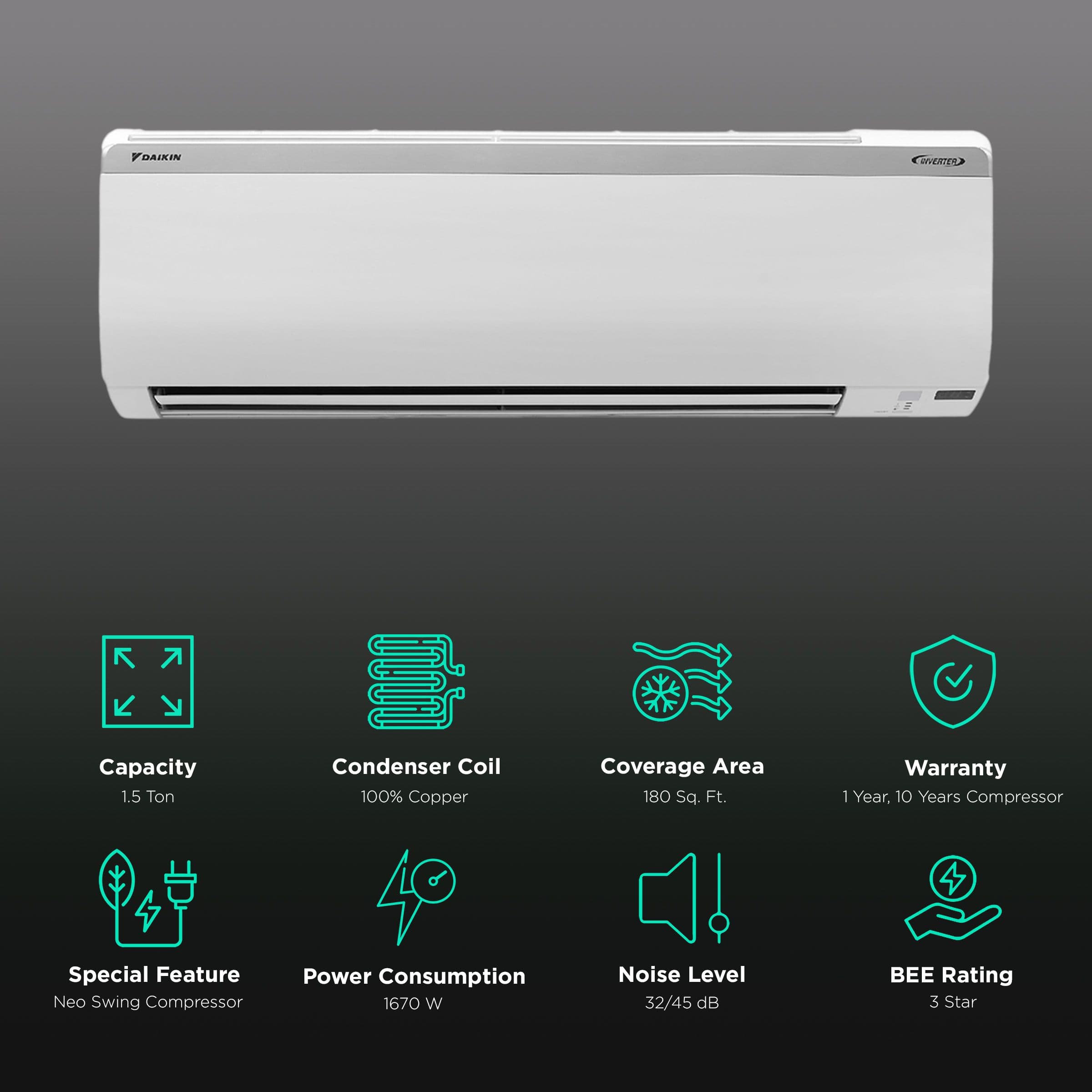 Daikin Standard Plus 1.5 Ton 3 Star Inverter Split AC (Copper Condenser, Dust Filter, MTKL50U)