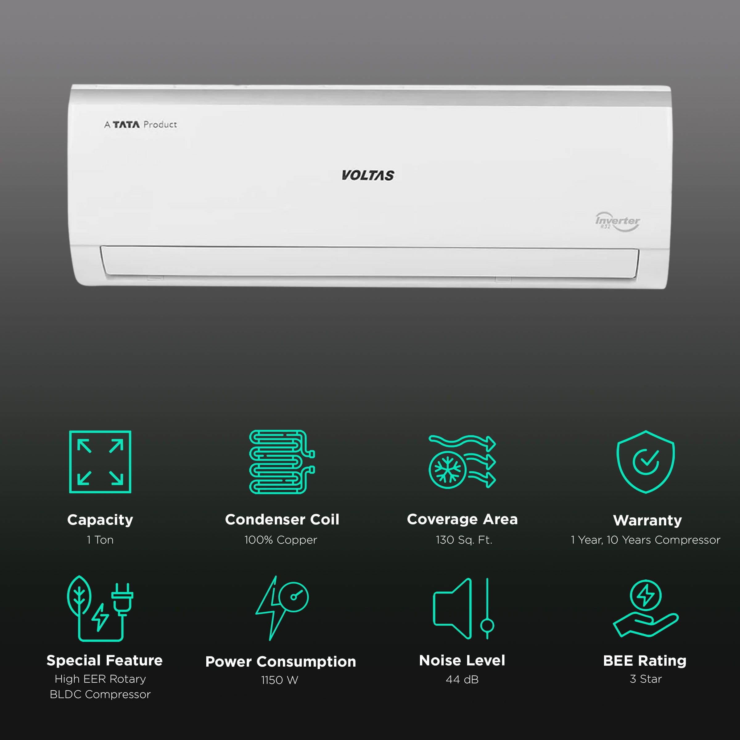 VOLTAS Vectra 4 in 1 Convertible 1 Ton 3 Star Inverter Split AC with Anti Dust Filter (Copper Condenser, 123V Vectra Elite)