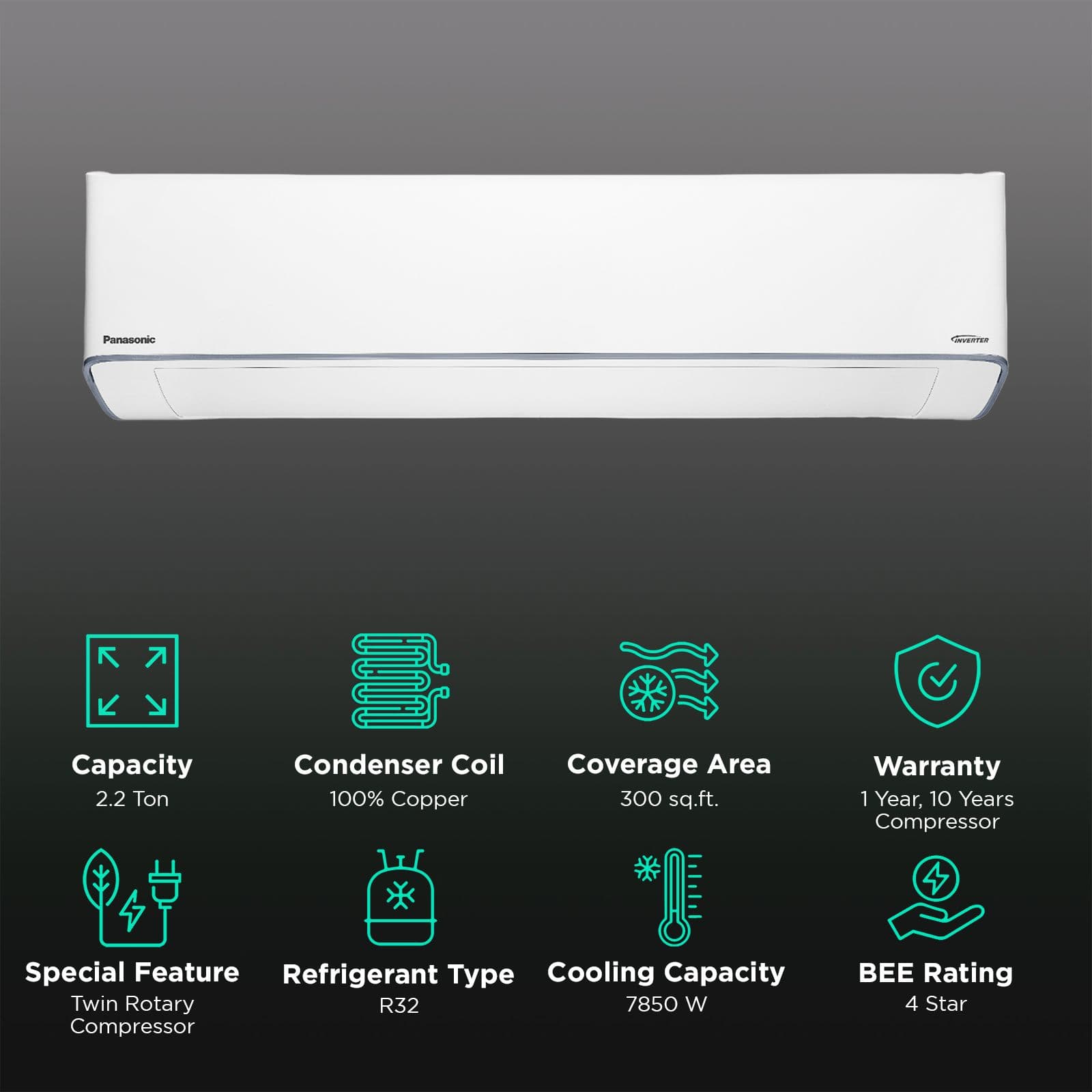 Panasonic QU 7 in 1 Convertible 2.2 Ton 4 Star Inverter Split Smart AC with AI Mode (2024 Model, Copper Condenser, CS/CU-QU26AKYF)