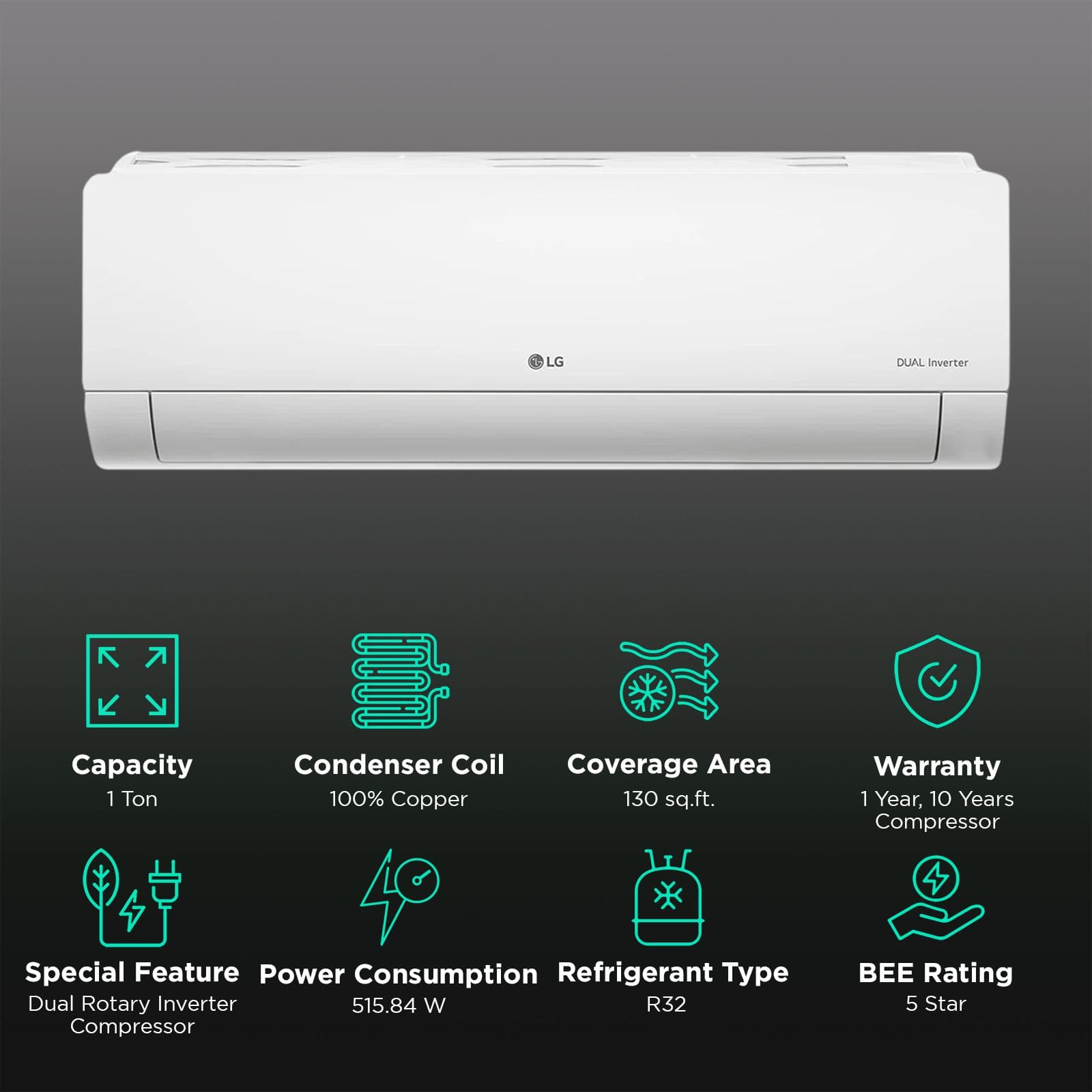 LG 6 in 1 Convertible 1 Ton 5 Star Dual Inverter Split AC with 6 Step Fan Speed (2025 Model, Copper Condenser, US-Q14ANZE.AMLG)