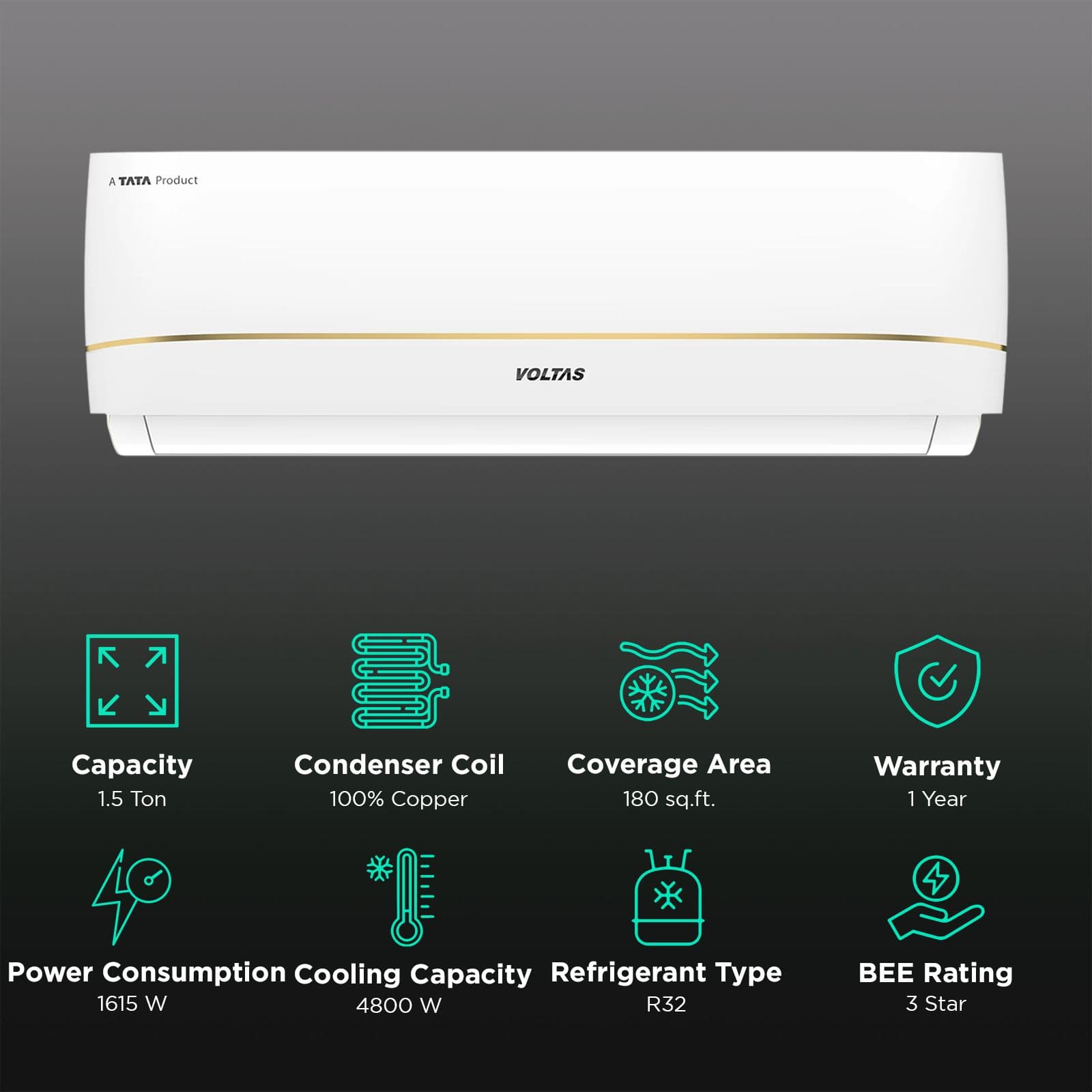 VOLTAS 183V Vectra Zenith Gold 1.5 Ton 3 Star Inverter Split AC with 4-Step Adjustable Mode (Copper Condenser, Anti Dust Filter, 4503765)