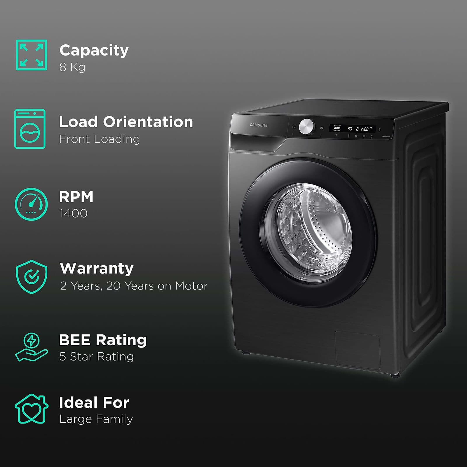 SAMSUNG 8 kg 5 Star Inverter Fully Automatic Front Load Washing Machine (WW80T504DAB1TL, AI Control Display, Black Caviar)