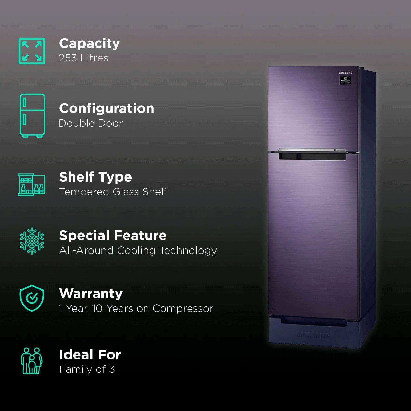 SAMSUNG 253 Litres 2 Star Frost Free Double Door Refrigerator with Base Stand Drawer (RT28T3122UT/HL, Pebble Blue)