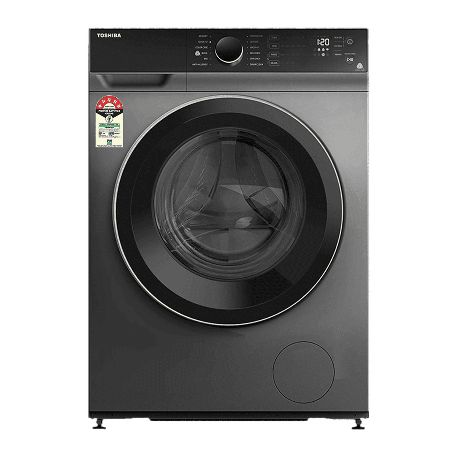 TOSHIBA 8 kg 5 Star Inverter Fully Automatic Front Load Washing Machine (TW-BJ90M4-IND(SK), Cyclone Mix Feature, Silver)