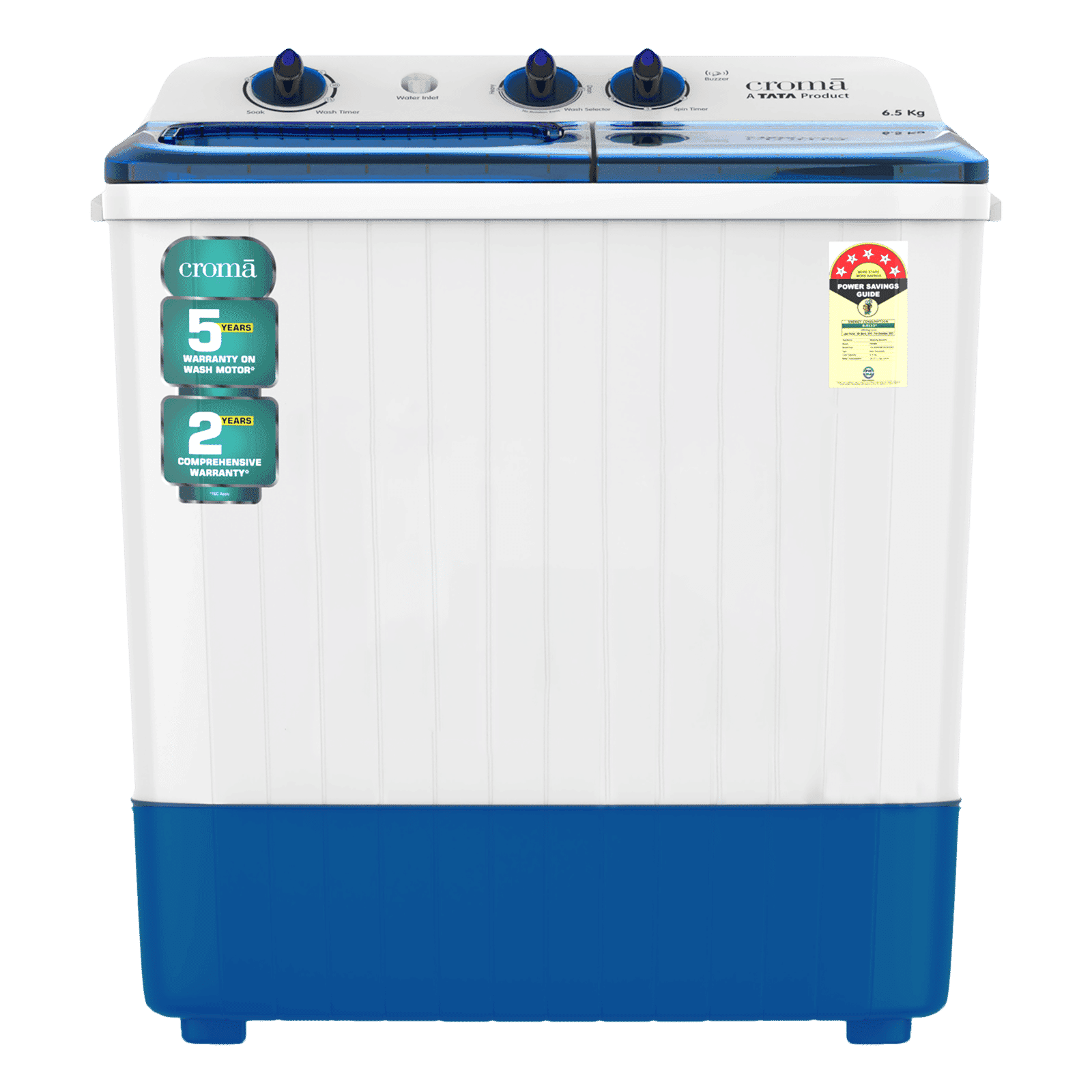 Croma 6.5 kg 5 Star Semi-Automatic Top Load Washing Machine (Active Soak Function, CRLW065SMF202351, Blue)