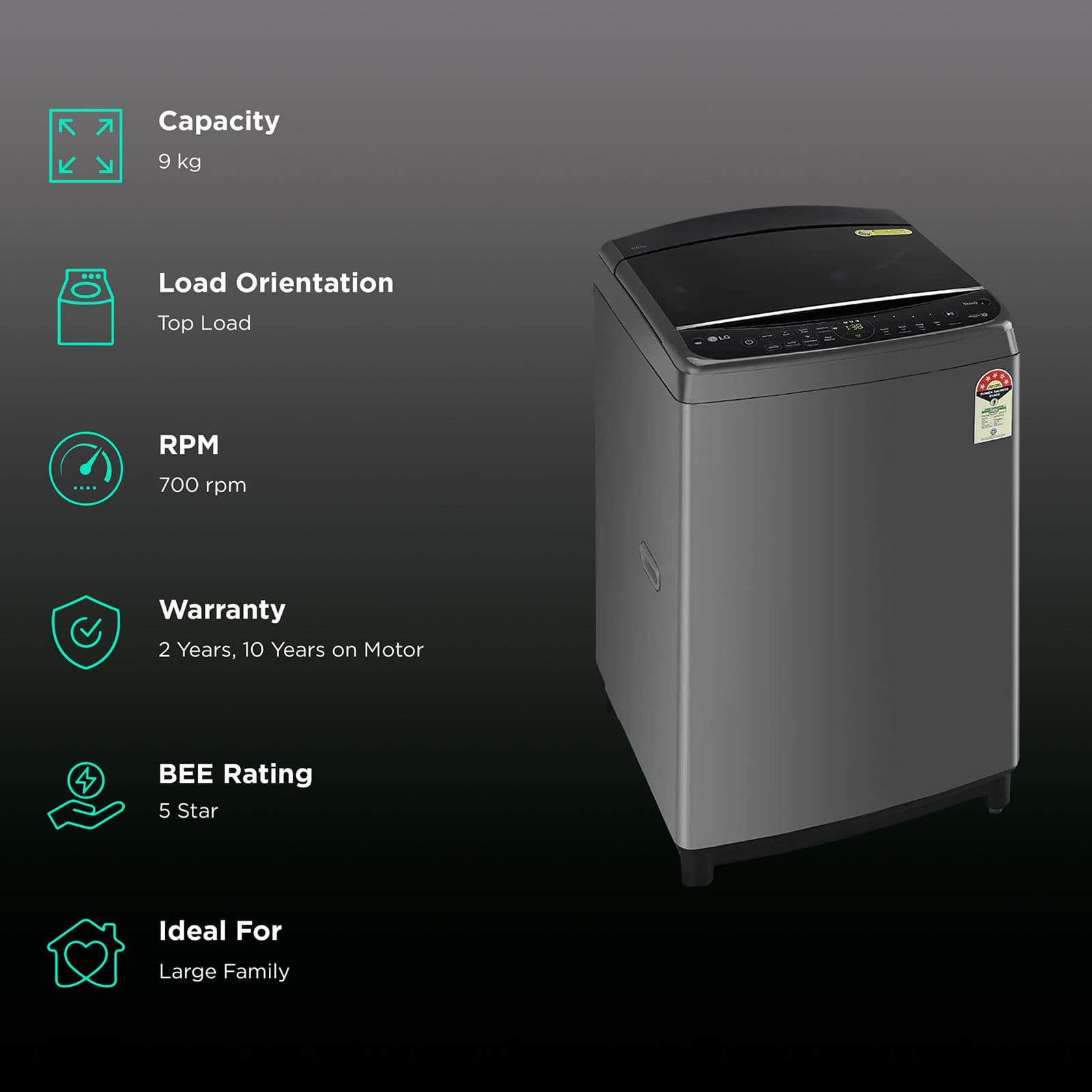 LG 9 kg 5 Star Fully Automatic Top Load Washing Machine (THD09SWM.ABMQEIL, In-built Heater, Black)