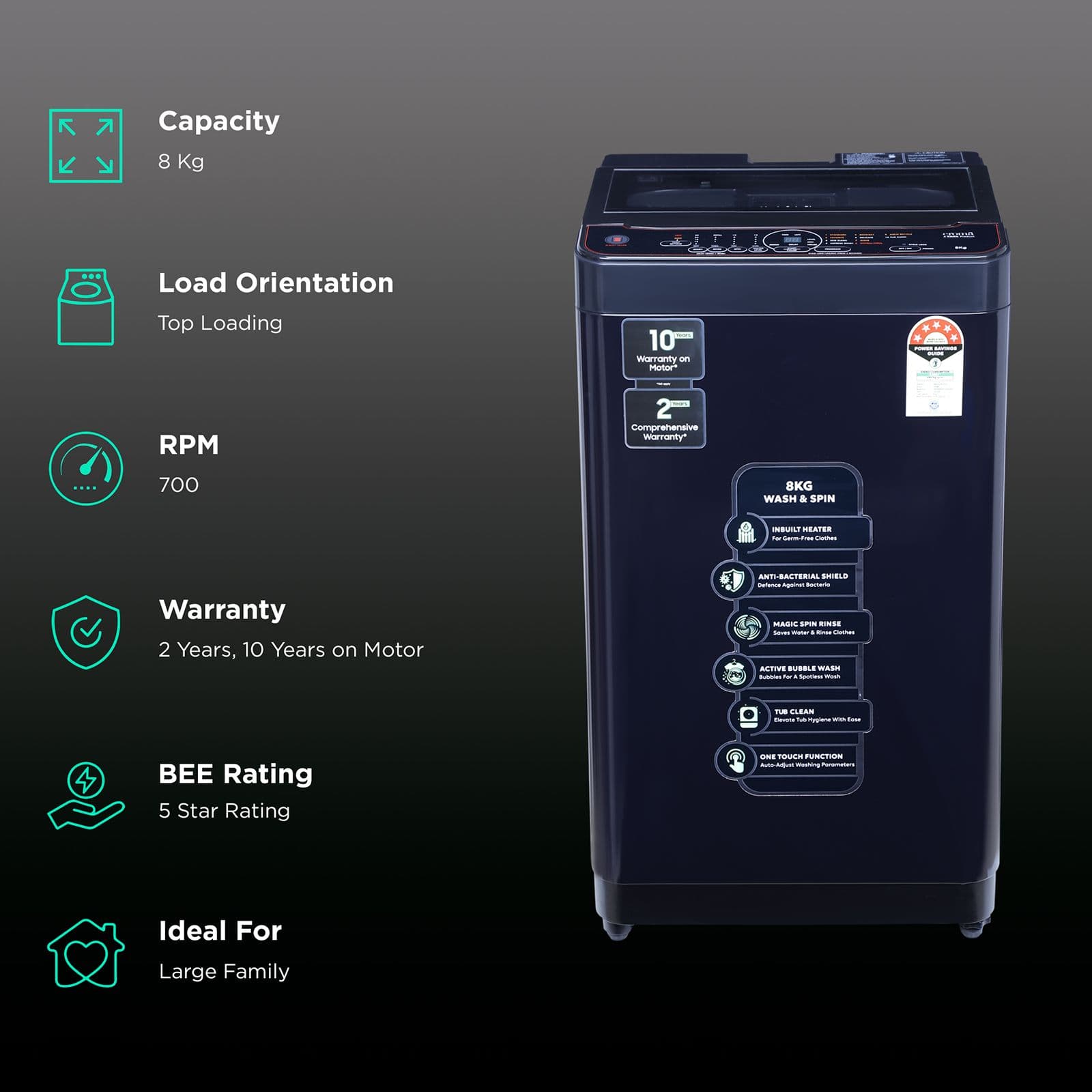Croma 8 kg 5 Star Fully Automatic Top Load Washing Machine (CRLW080FAF276205, In-built Heater, Pure Black)