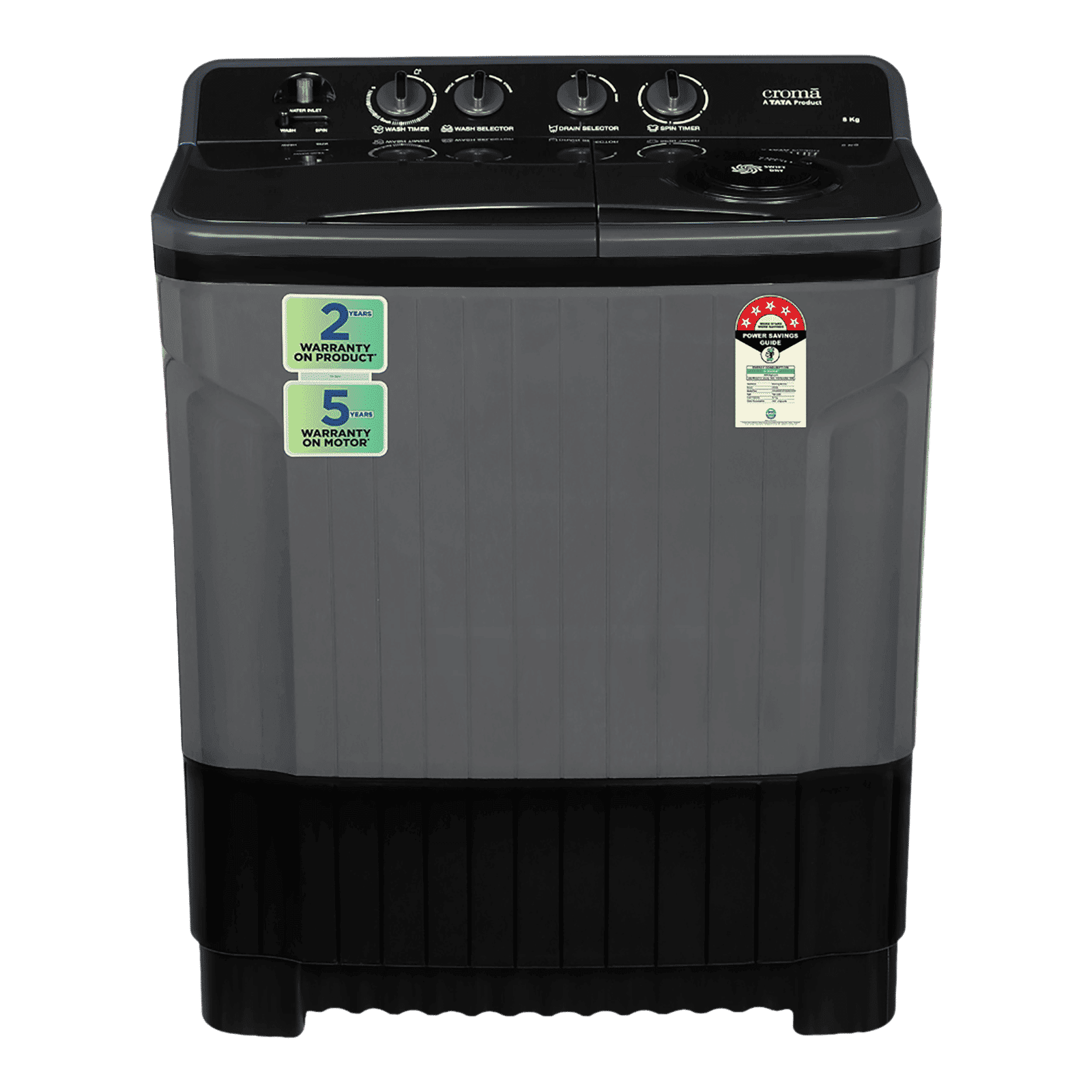 Croma 8 kg 5 Star Semi Automatic Washing Machine with Magic Filter (CRLW080SMF248602, Black)