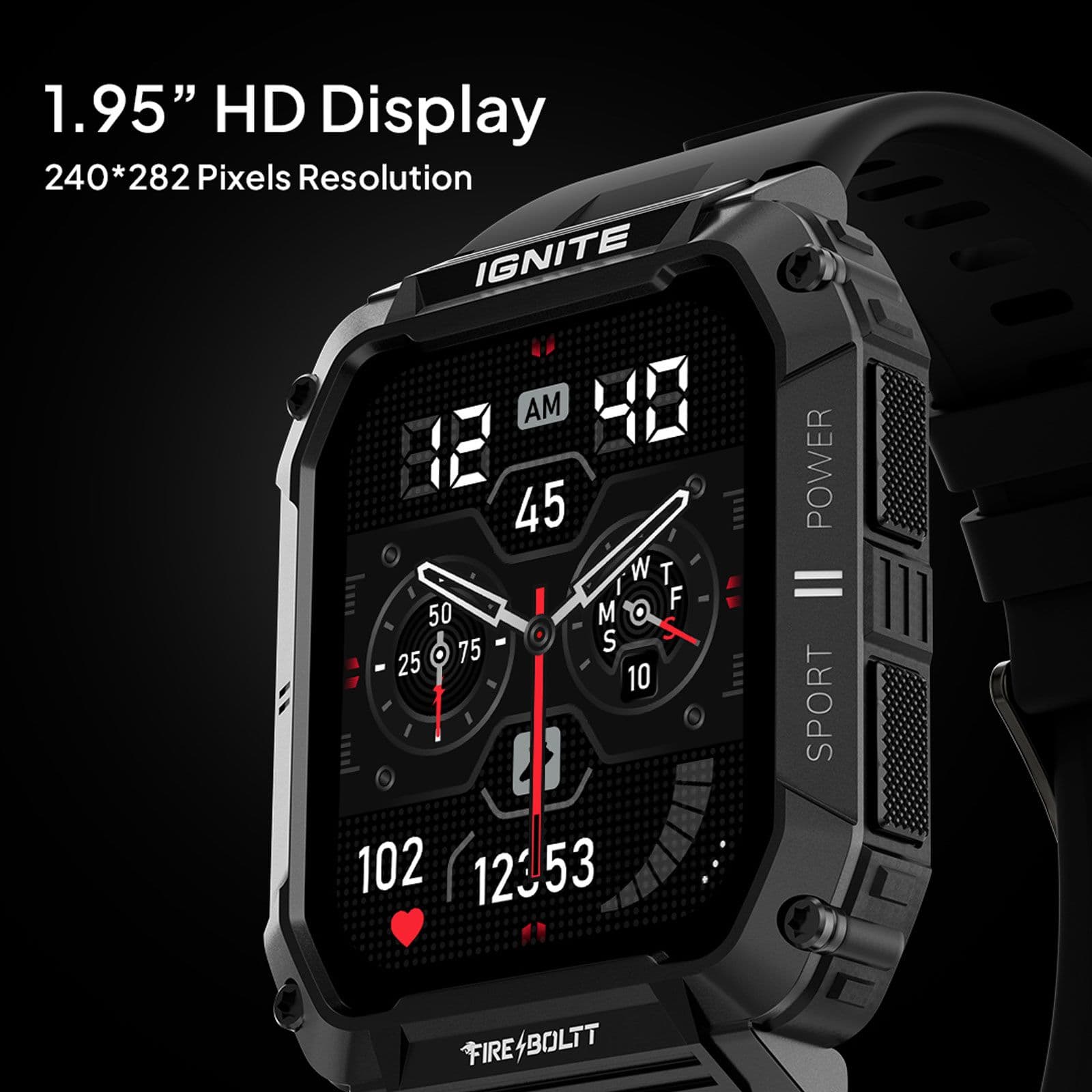 FIRE-BOLTT Combat Smartwatch with Bluetooth Calling (49.5mm TFT LCD Display, IP68 Water Resistant, Black Strap)