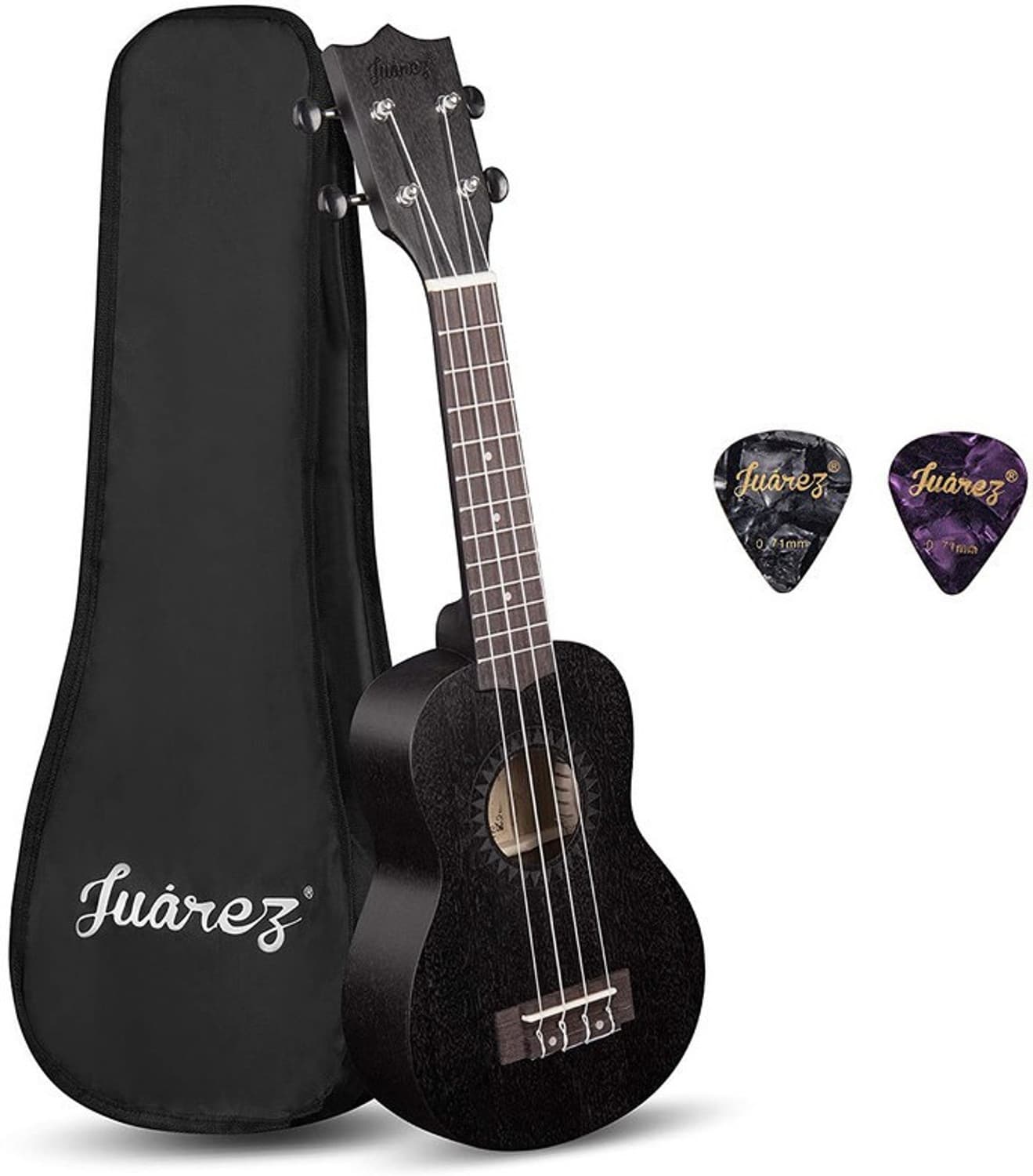 Juarez 21" Soprano Ukulele Kit, AQUILA Strings (Strings Made in ITALY), Sapele Body, Rosewood Fingerboard, Matte Finish, with Bag and Picks, Black Soprano Ukulele (Overall Length - 53 cm)