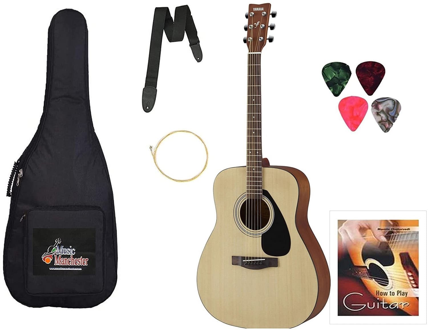 YAMAHA F280 Acoustic Guitar, Natural with Padded Carry Bag, Belt, Picks, String and Learning Book - Combo Pack Acoustic Guitar Rosewood Rosewood (Beige)