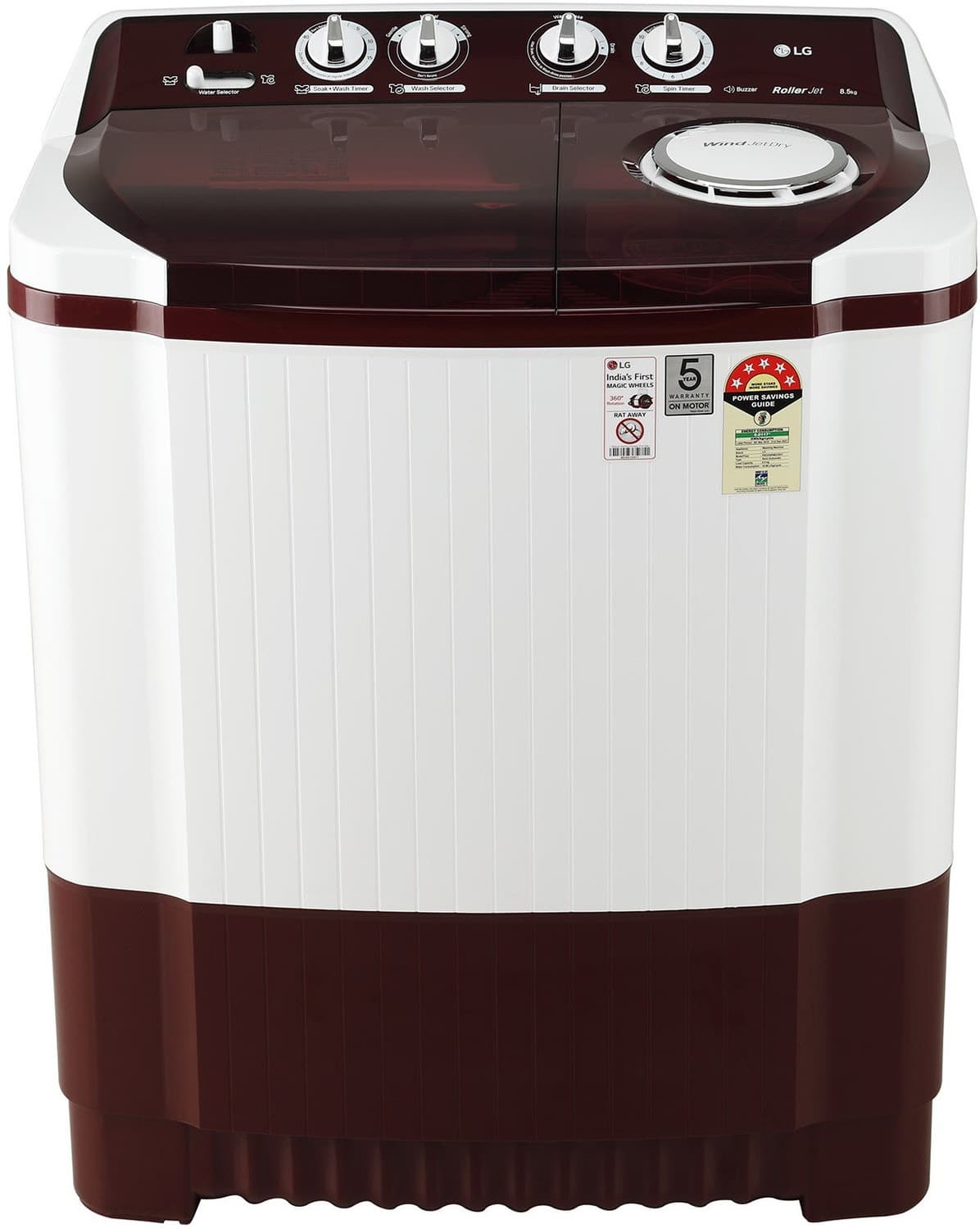 LG 8.5 kg with Roller Jet Pulsator, Soak and Dual Magic Filter and Magic Wheels Semi Automatic Top Load Maroon (P8535SRMZ)