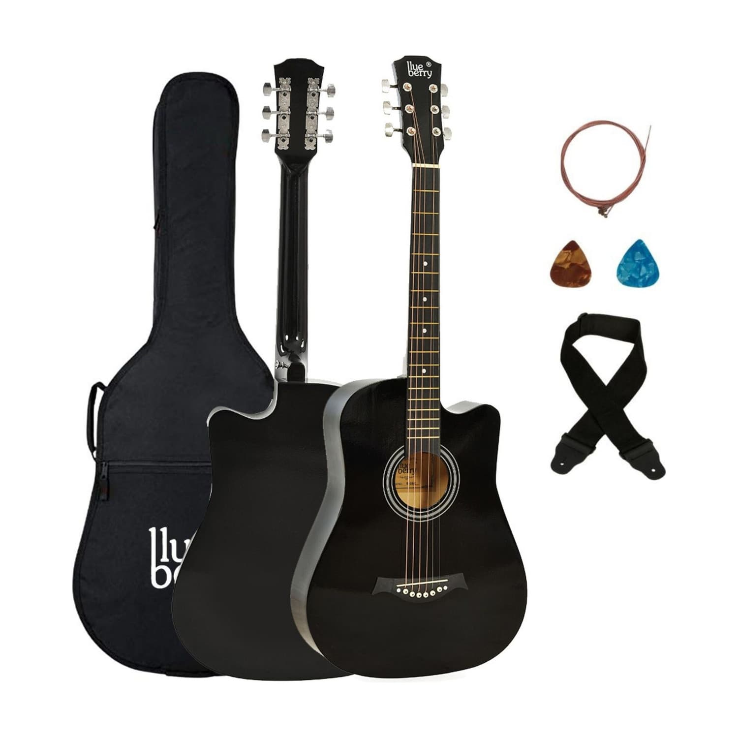 blueberry 38C Classic Black, 38 Inch Acoustic Guitar Linden Wood Plastic Right Hand Orientation (Black)