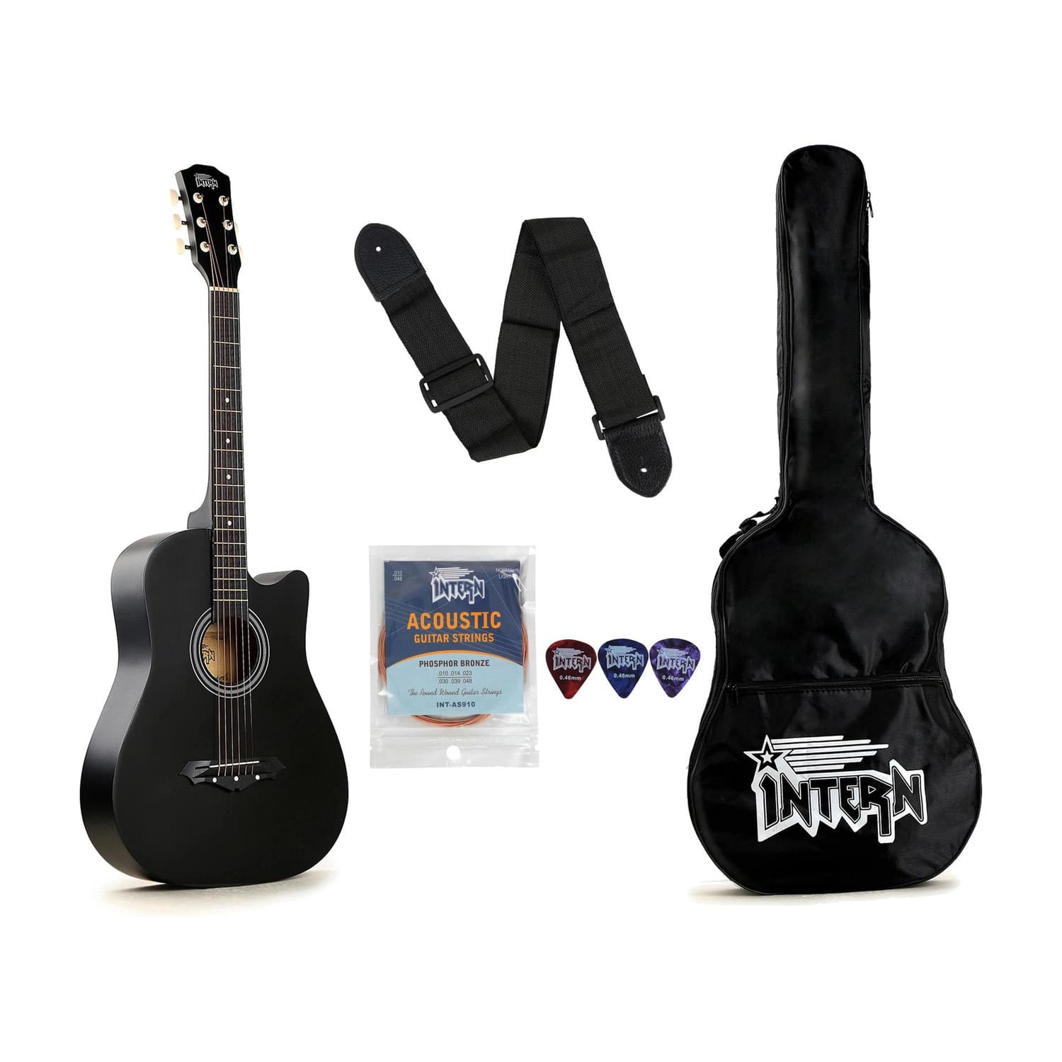 intern INT-38C-BK Acoustic Guitar Linden Wood Rosewood Right Hand Orientation (Black)