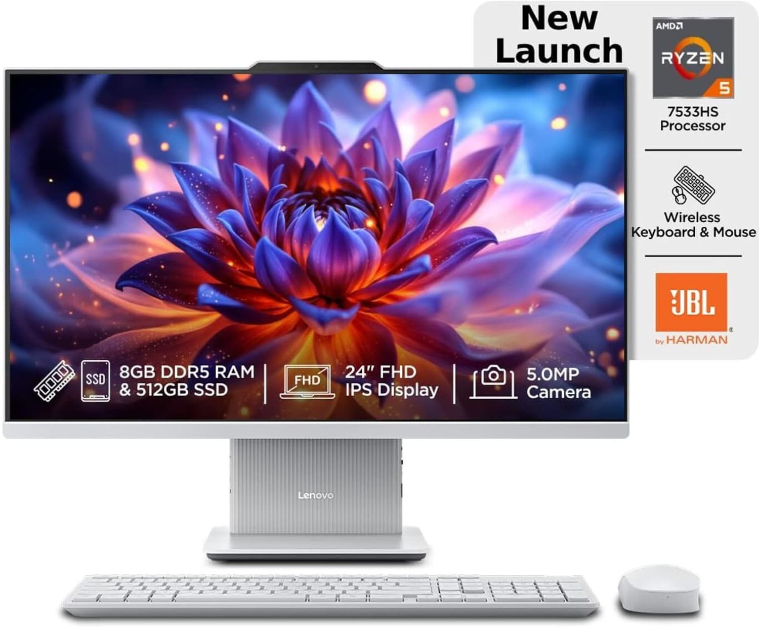 Lenovo IdeaCentre AIO Ryzen 5 (8 GB DDR5/512 GB SSD/Windows 11 Home/23.8 Inch Screen/IdeaCentre AIO) with MS Office (Grey)
