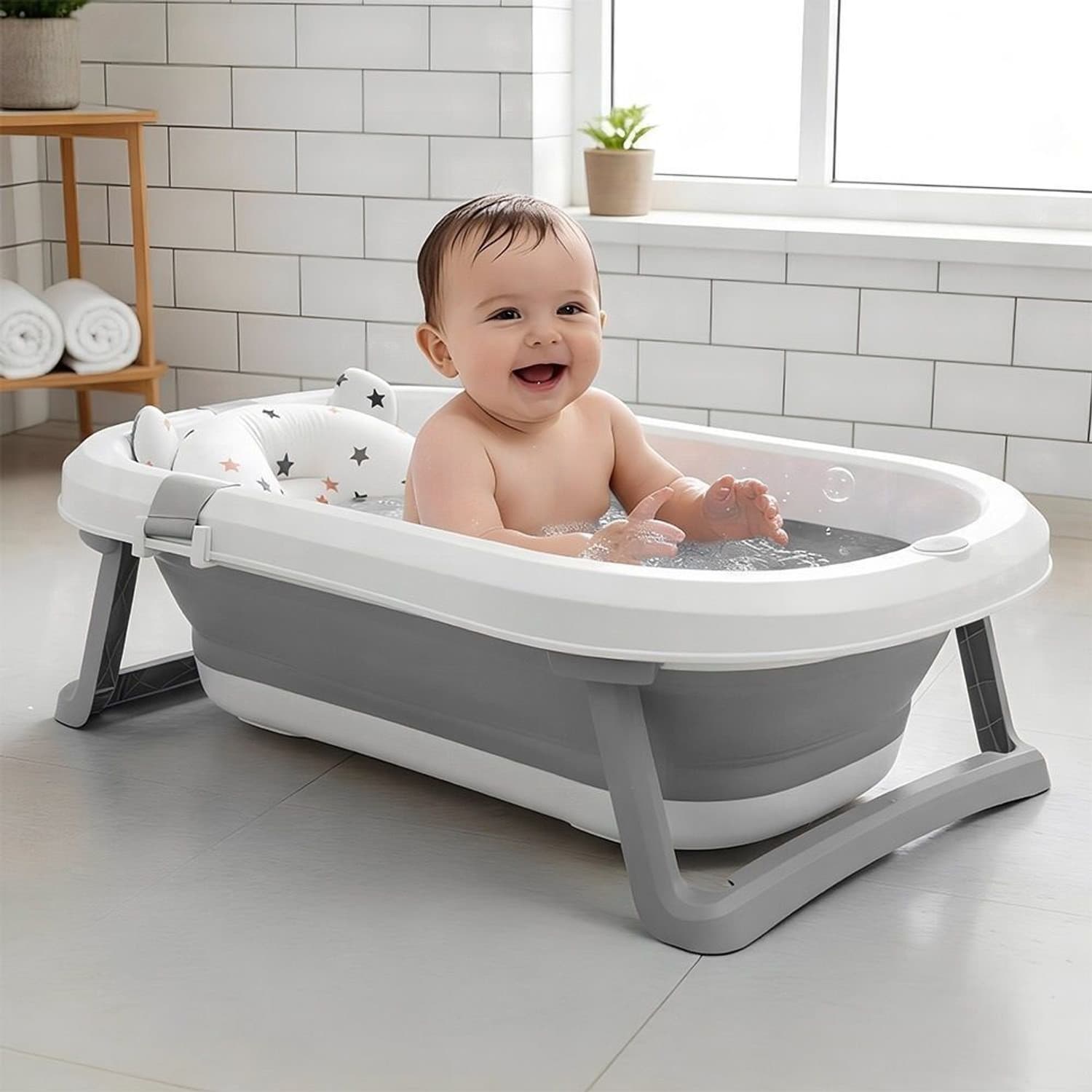 Foldable Infant Bath Tub with cushion, Newborn Toddler Bathing Support (White & Grey)