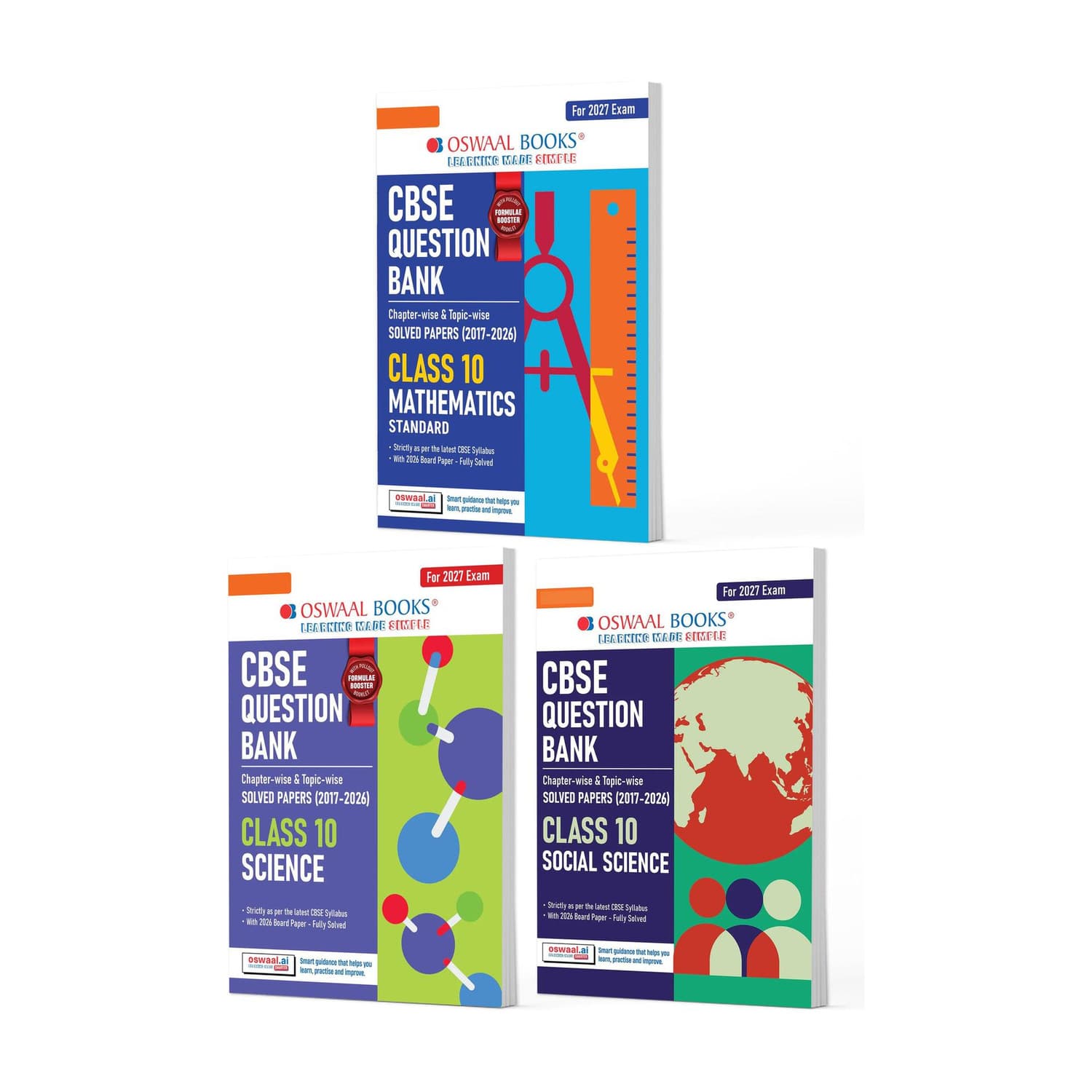 oswaal cbse question bank maths standard science social set 3 books class 10 chapterwise topicwise solved papers mind maps revision notes 2027 exam