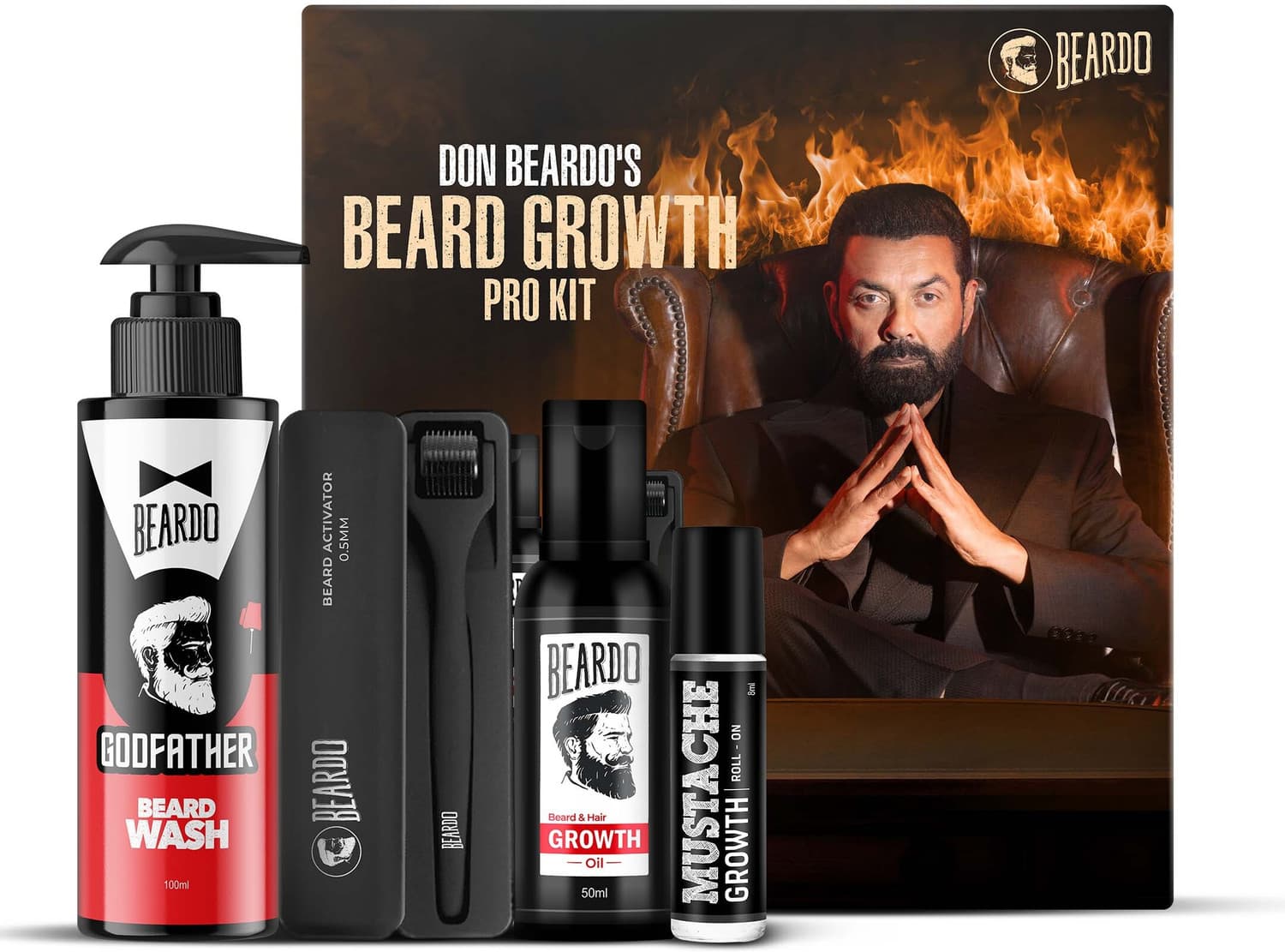 BEARDO Don Beard Growth Pro Kit for Men-Growth Oil, God Father Wash, Activator, Roll on