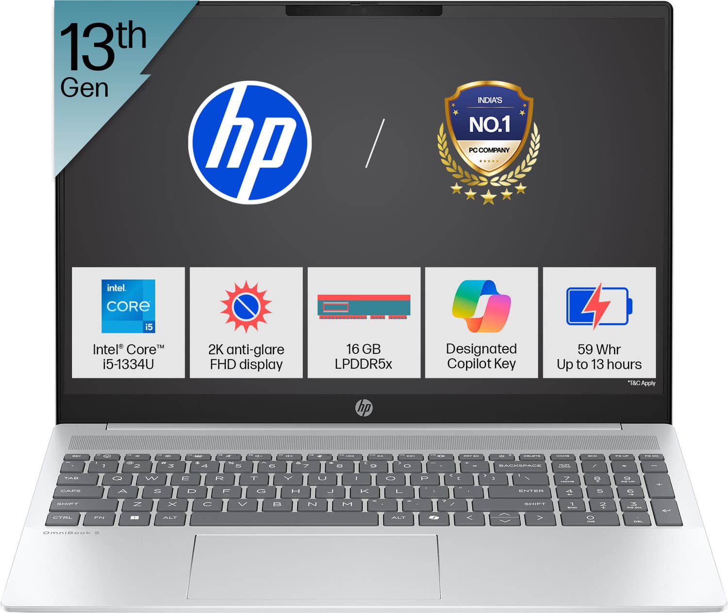 HP OmniBook 5 Backlit Keyboard & MSO'2024, Intel Core i5 13th Gen 1334U - (16 GB/512 GB SSD/Windows 11 Home) 16-ba1008TU Thin and Light Laptop